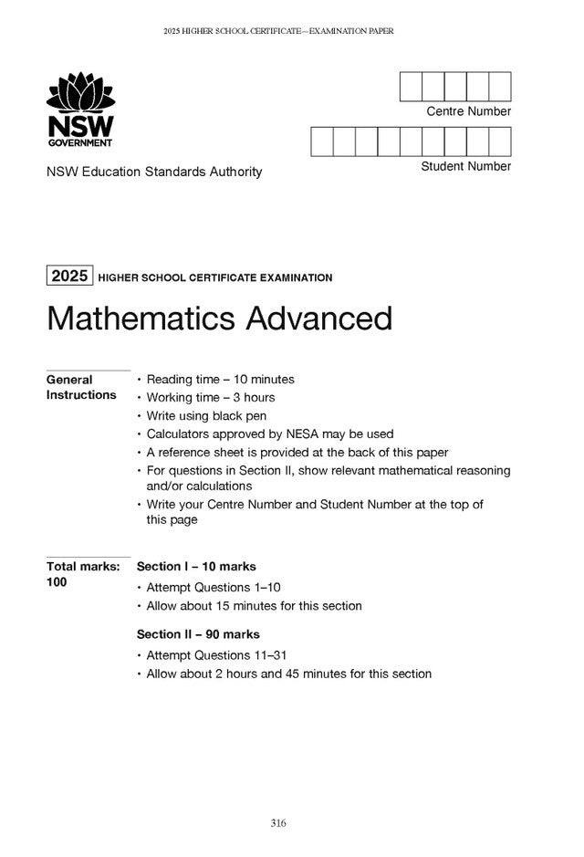 Mathematics Advanced Book Pack by Excel, displaying a white exam paper cover for HSC 2025 with the NSW Government logo.