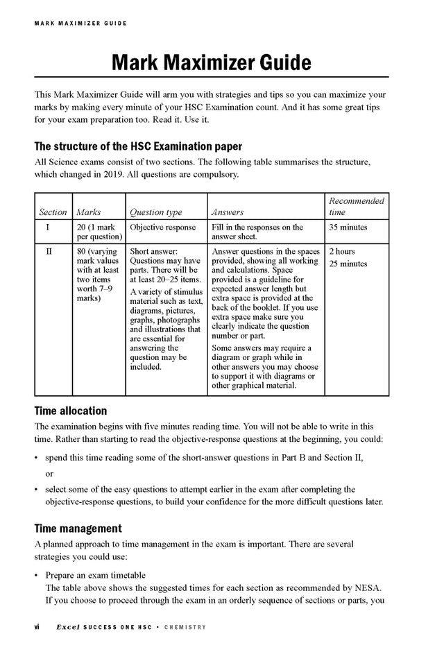 Year 12 Chemistry Book Pack by Excel featuring a 'Mark Maximizer Guide' page with exam structure and time management tips.