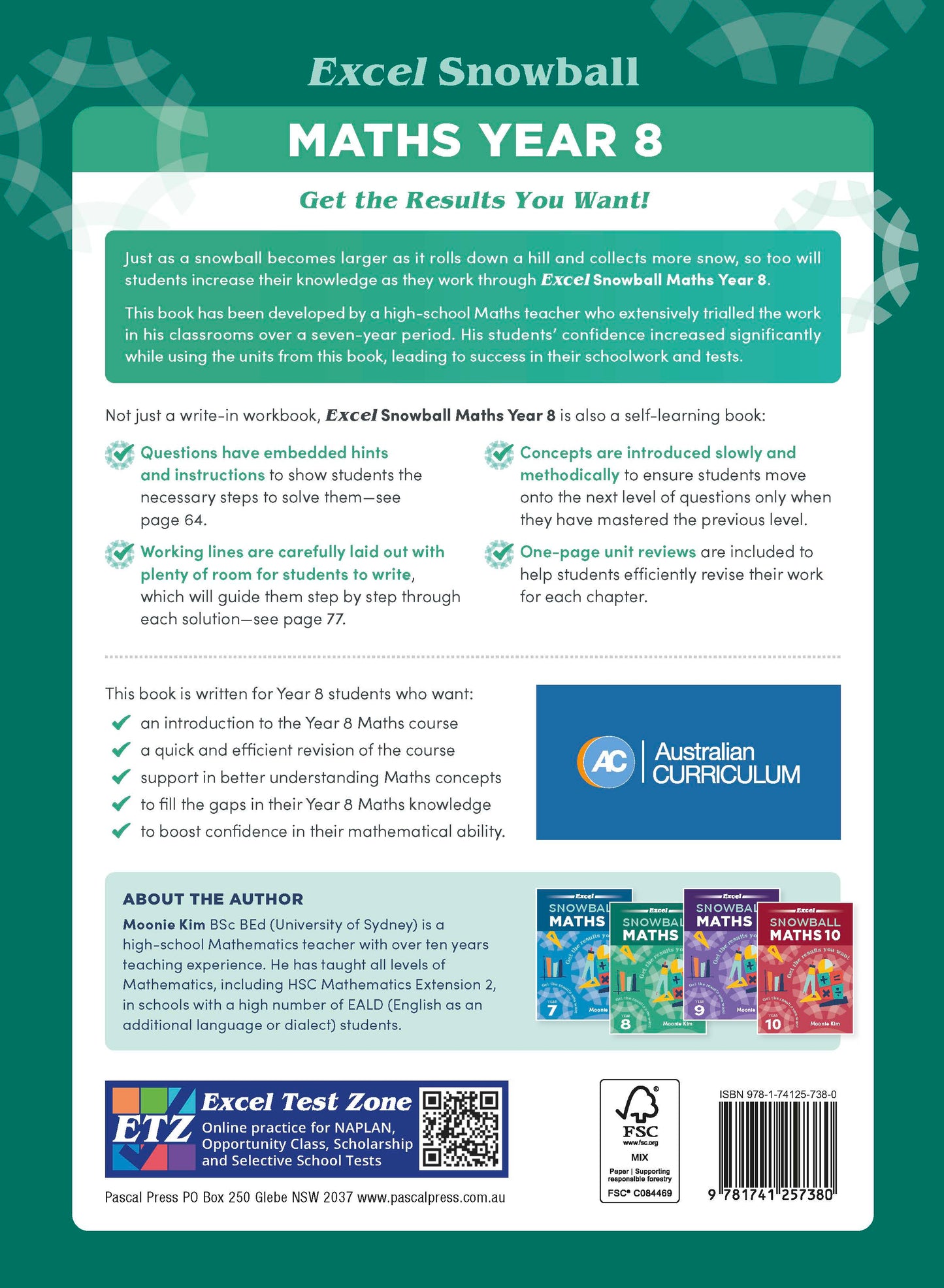 Maths Year 8 workbook with a green and white cover by Excel Snowball, featuring text descriptions and other series books.