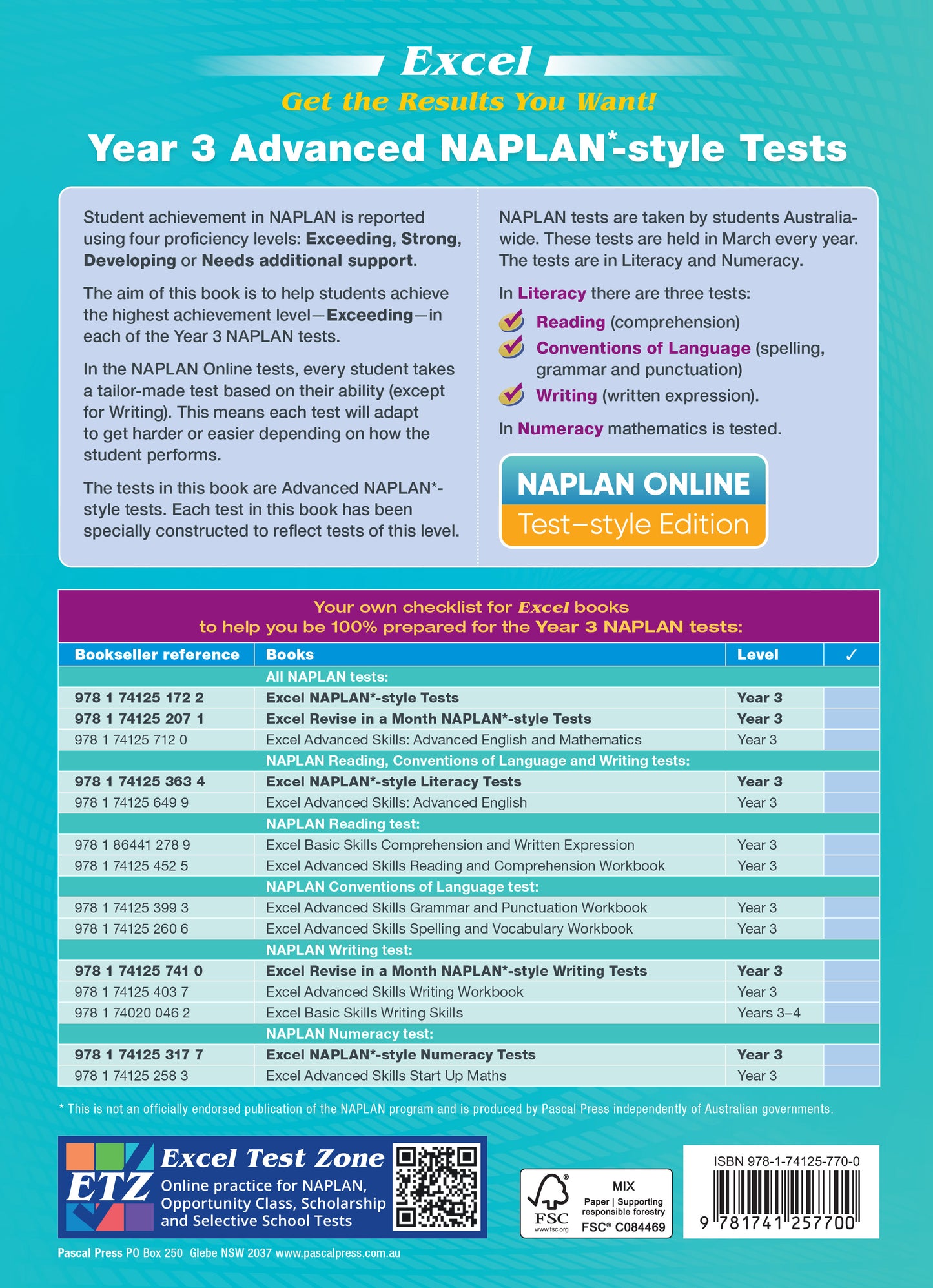 Year 3 Advanced NAPLAN test preparation book by Excel, with a teal and green cover, featuring a 'NAPLAN ONLINE Test-style Edition' banner and a books checklist.