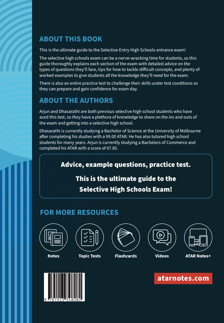 Dark blue Selective Schools Exam guide by ATAR Notes, detailing contents, authors, and study resources on its cover.