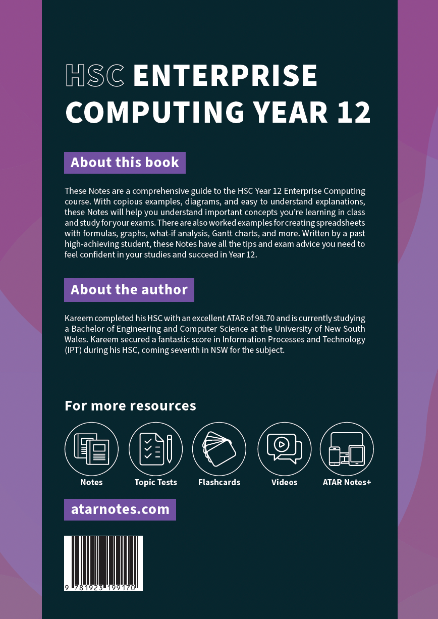 HSC Year 12 Enterprise Computing Course Notes by ATAR Notes, with a dark teal cover, white title, and purple information sections.