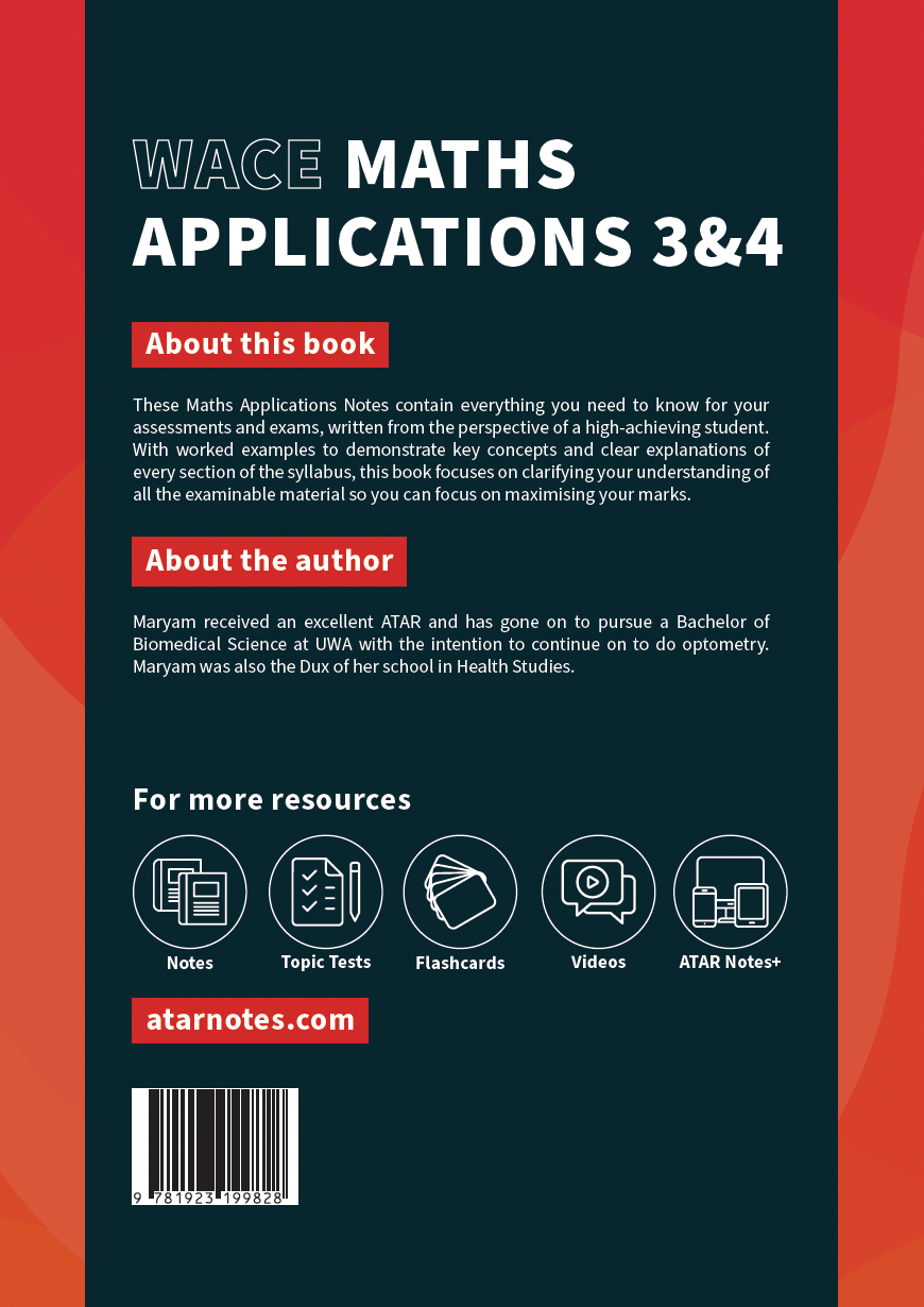WACE Maths Applications 3&4 Course Notes by ATAR Notes, dark teal and red cover with white text and educational icons, featuring a barcode.