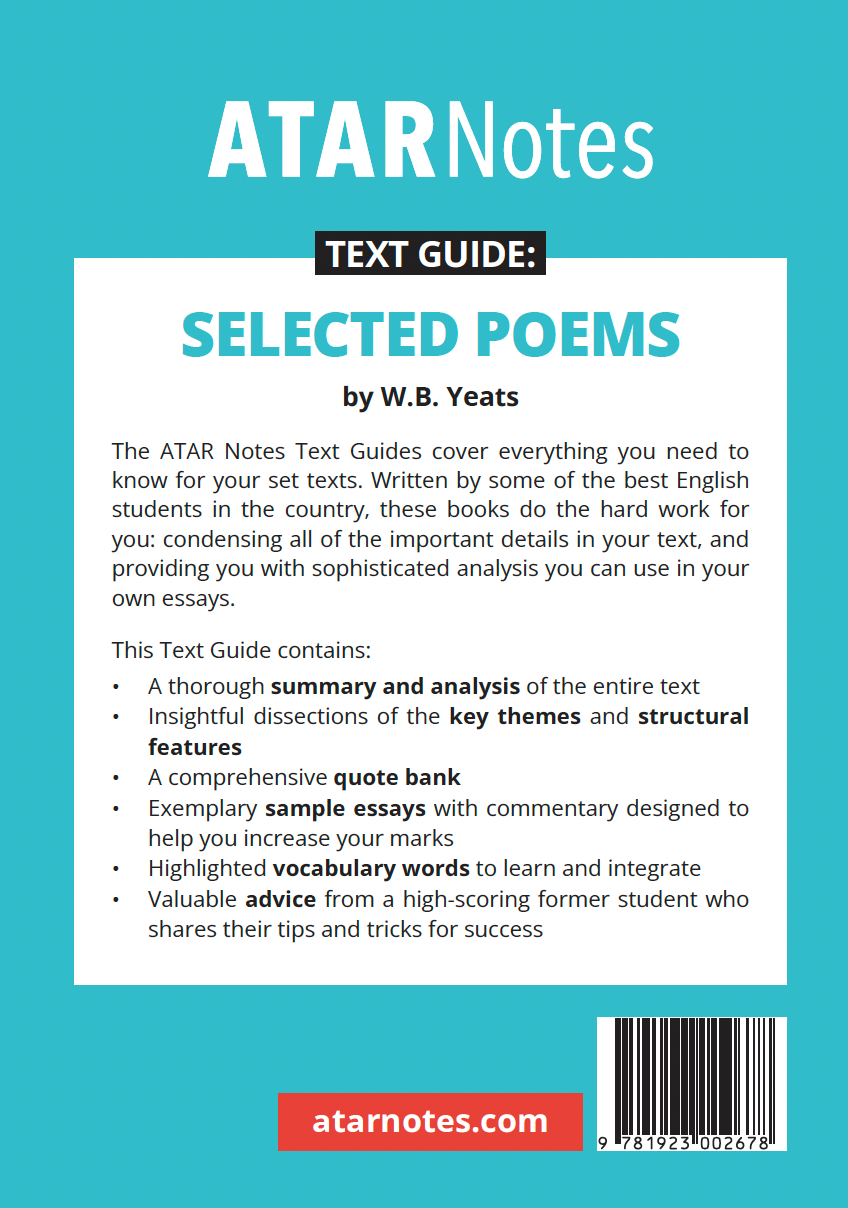 Text Guide for 'Selected Poems by W.B. Yeats' by ATAR Notes, featuring a white central panel, red website banner, and barcode on a blue background.