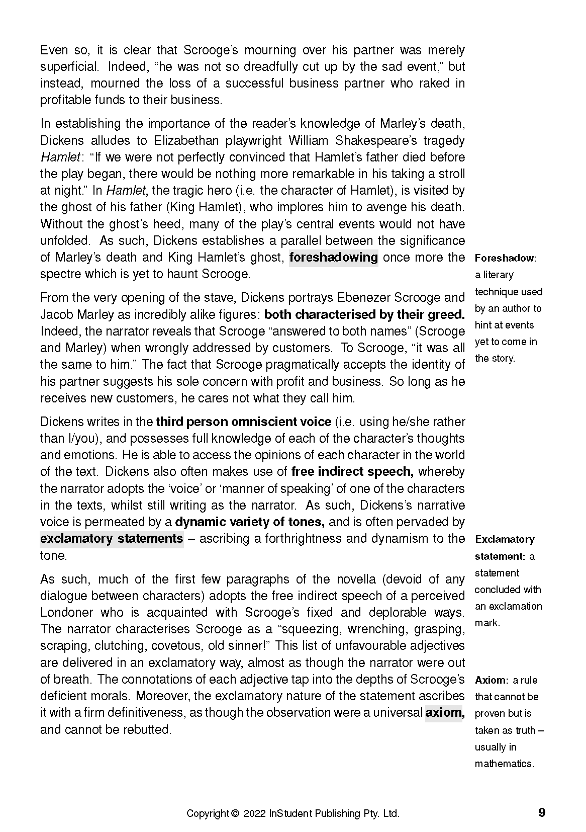 Page from a Text Guide for A Christmas Carol by Charles Dickens, featuring literary analysis and definitions.