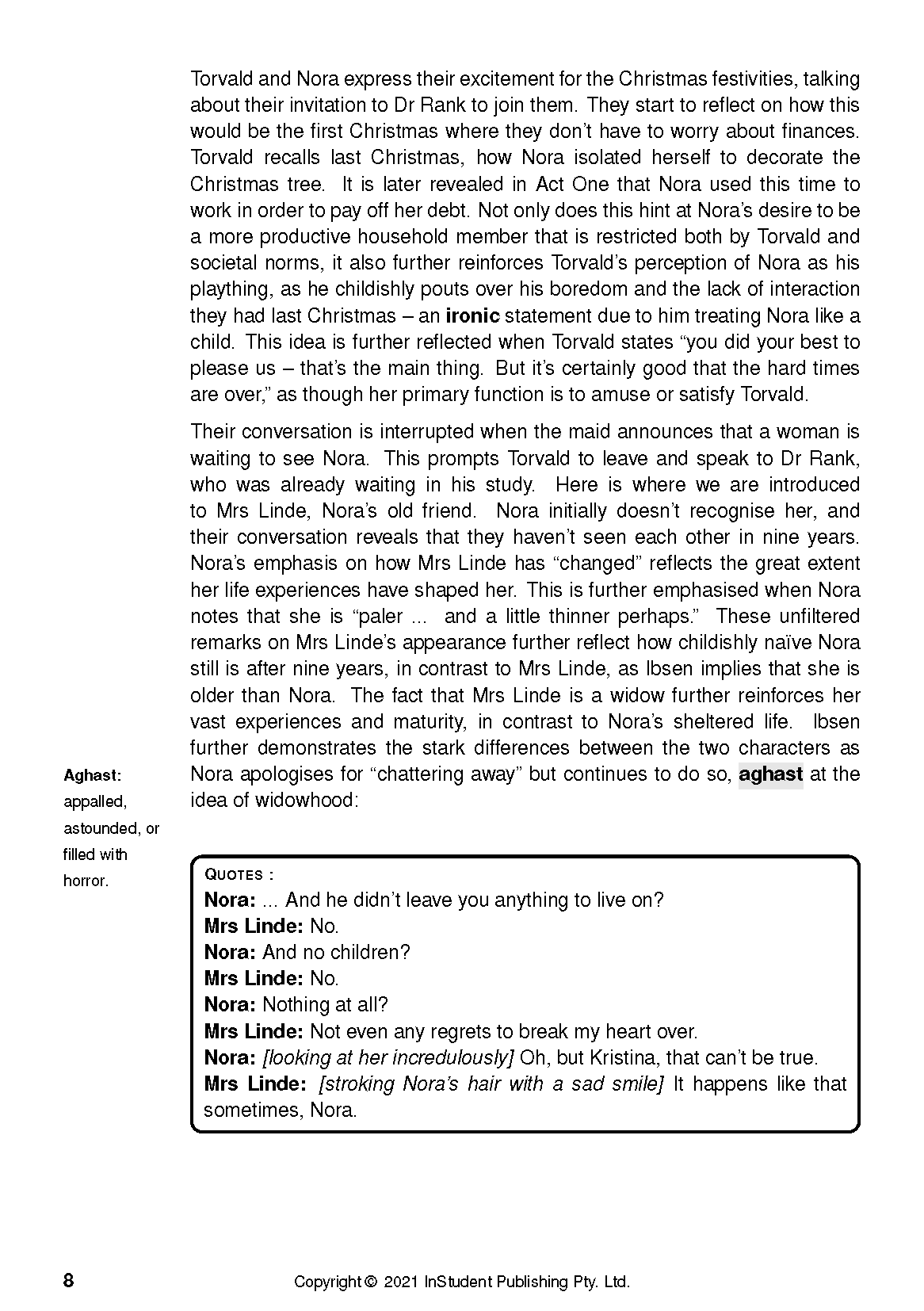 Text Guide for A Doll's House by Henrik Ibsen, featuring a page with paragraphs, a definition, and character quotes.