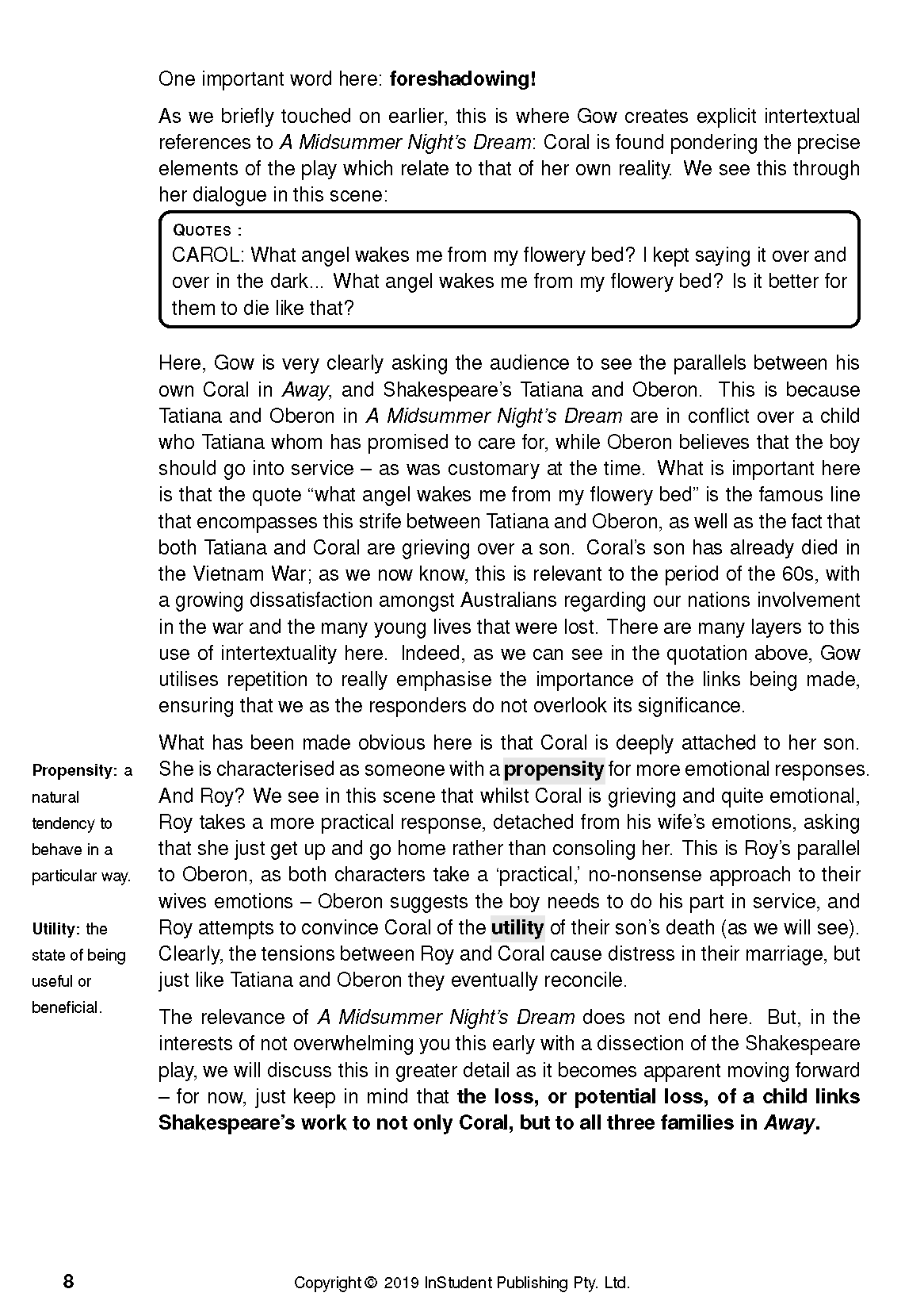 White text guide page about Away by Michael Gow from InStudent Publishing Pty. Ltd., with black text, a quote box, and definitions.