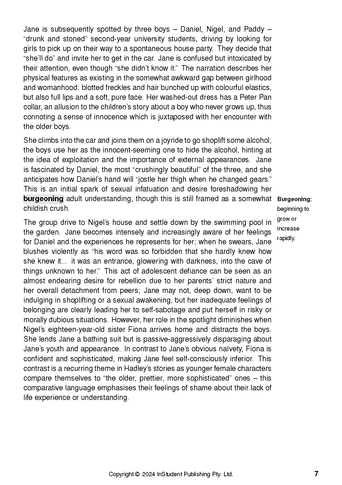 Text guide page with black text on white from InStudent Publishing Pty. Ltd., featuring literary analysis and 'Burgeoning' definition.