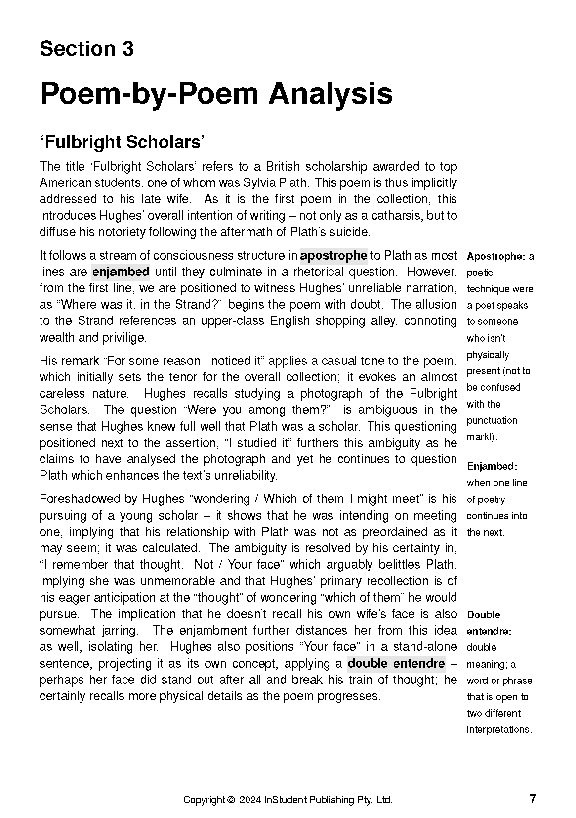 Text Guide page with black text on white paper featuring poem analysis and literary term definitions.