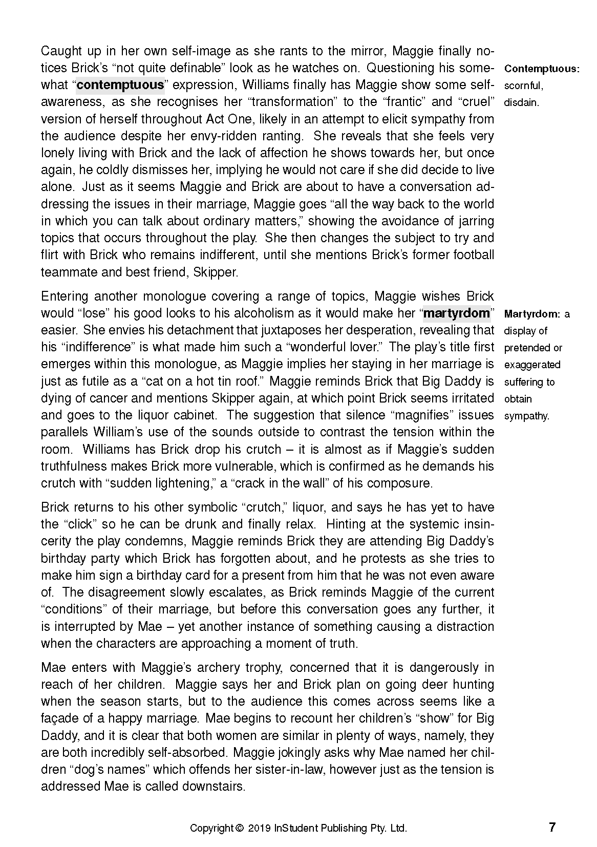 Cropped page from a Text Guide by InStudent Publishing Pty. Ltd. with black text, highlighted words, and definitions in the margin.
