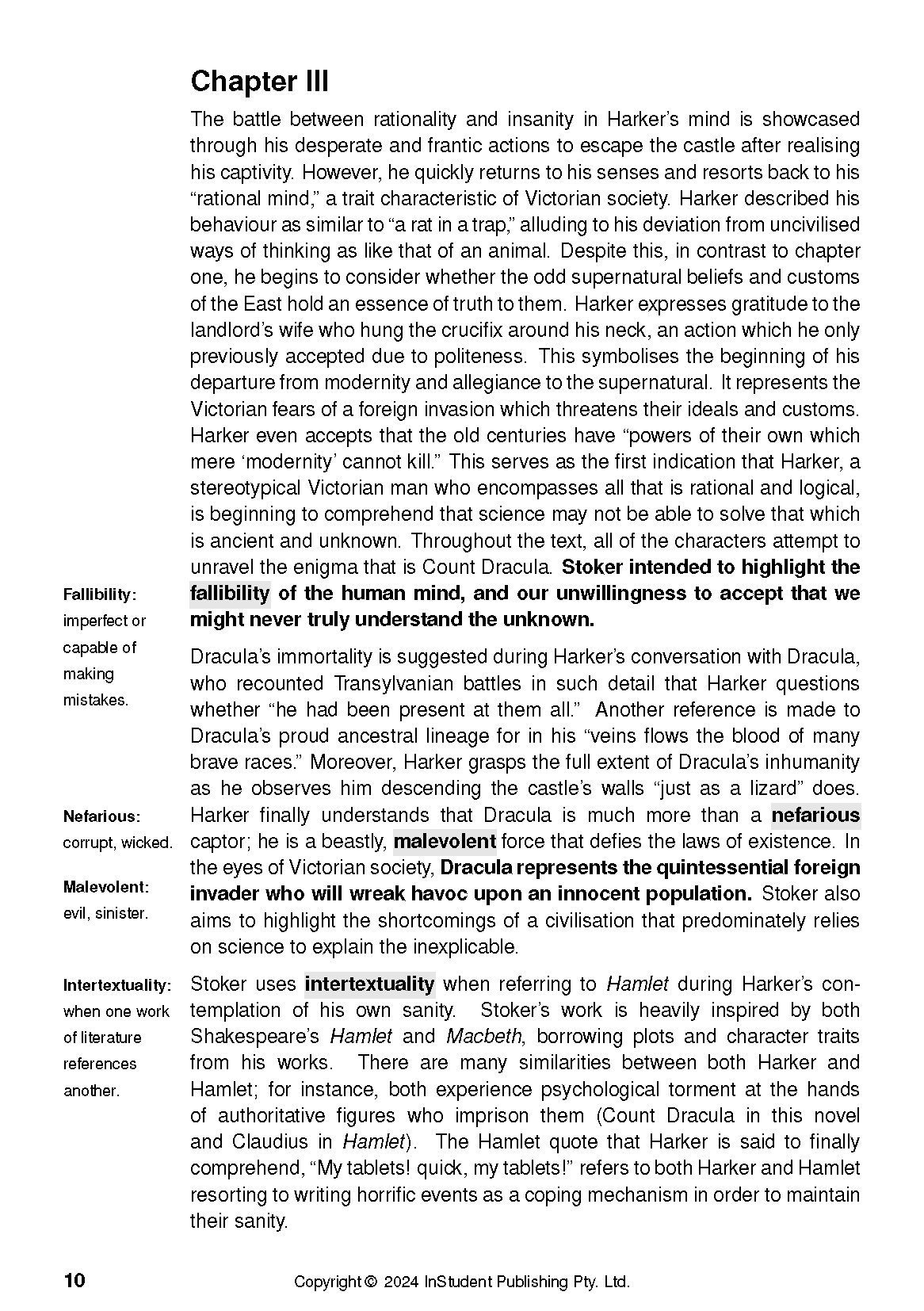 Text Guide page displaying Chapter III, explanatory text, and a sidebar with definitions referencing Dracula.
