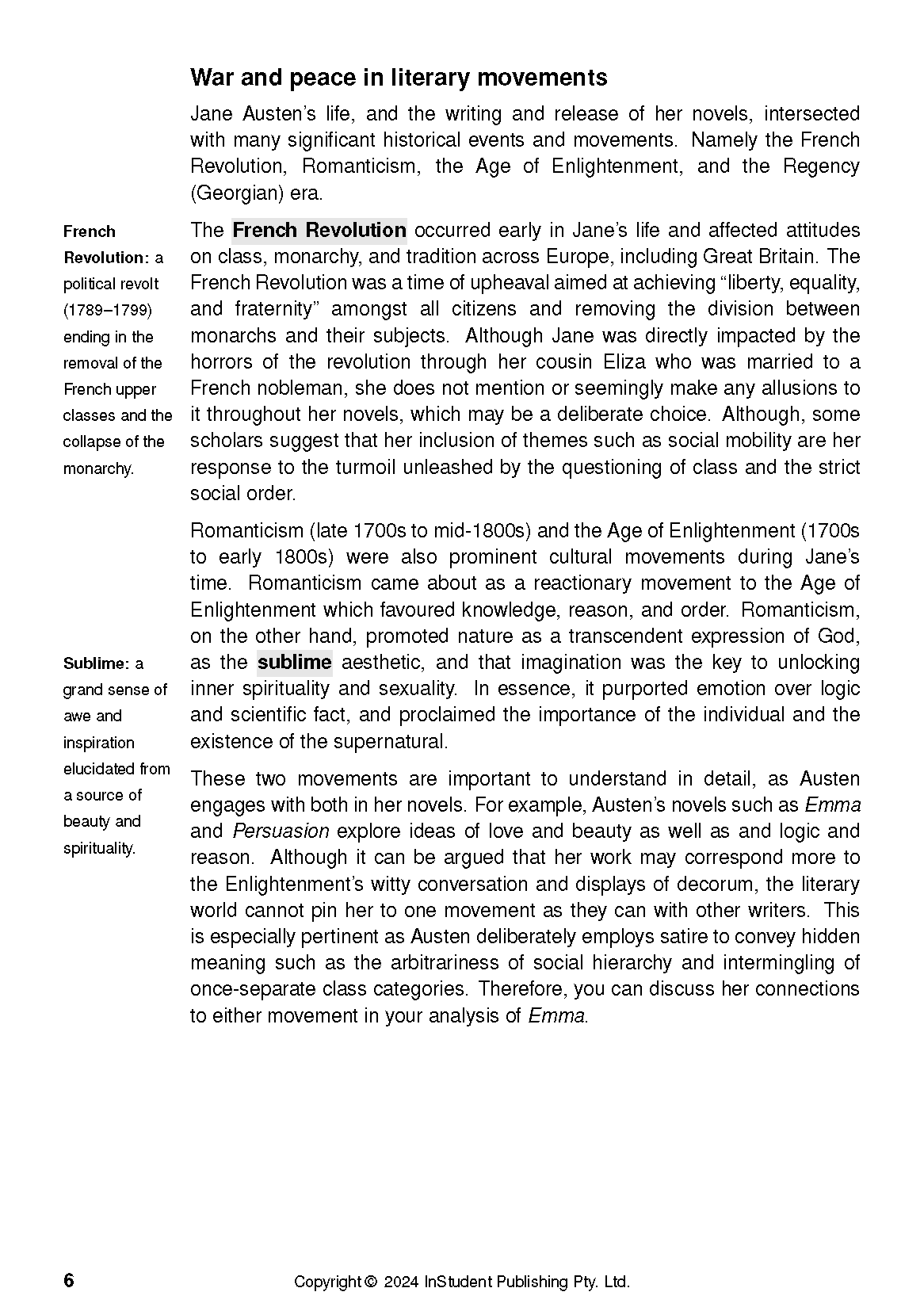 Text Guide for Emma by Jane Austen, displaying academic content on literary movements in black text on a white page.