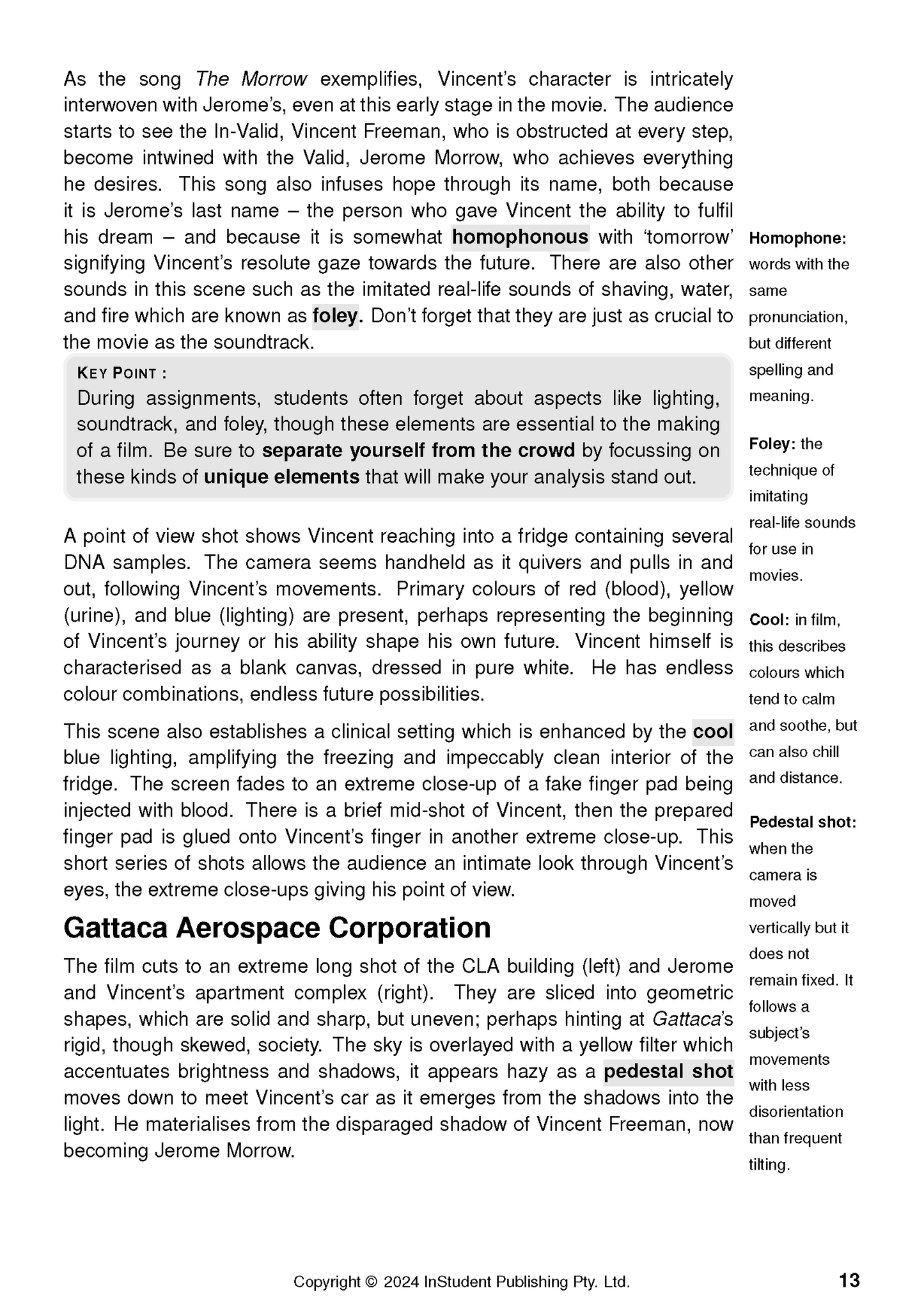 Page from a Text Guide about Gattaca with detailed analysis and definitions of film terms like Homophone and Foley.