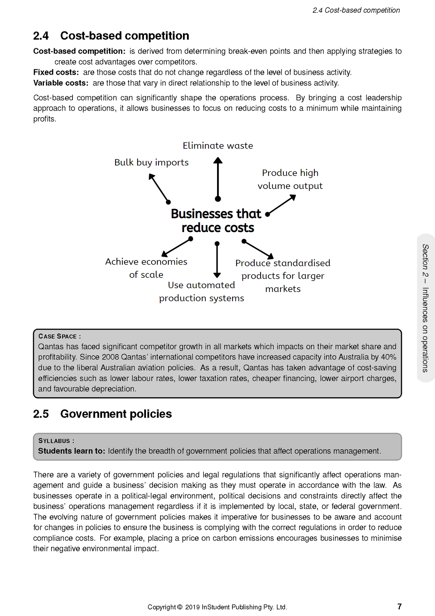 White paper course notes by ATAR Notes, showing a page on cost-based competition and government policies with a diagram.