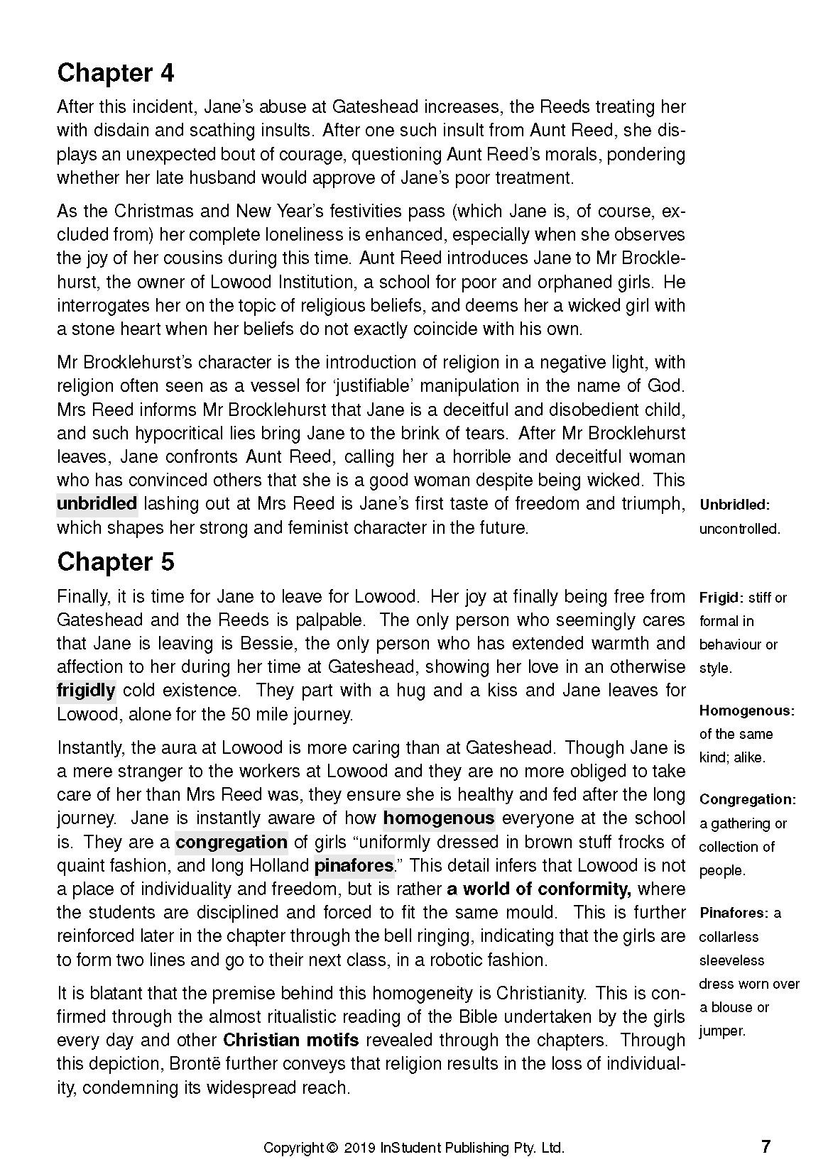 A text guide page for Jane Eyre, featuring black text on a white background with definitions for key terms.