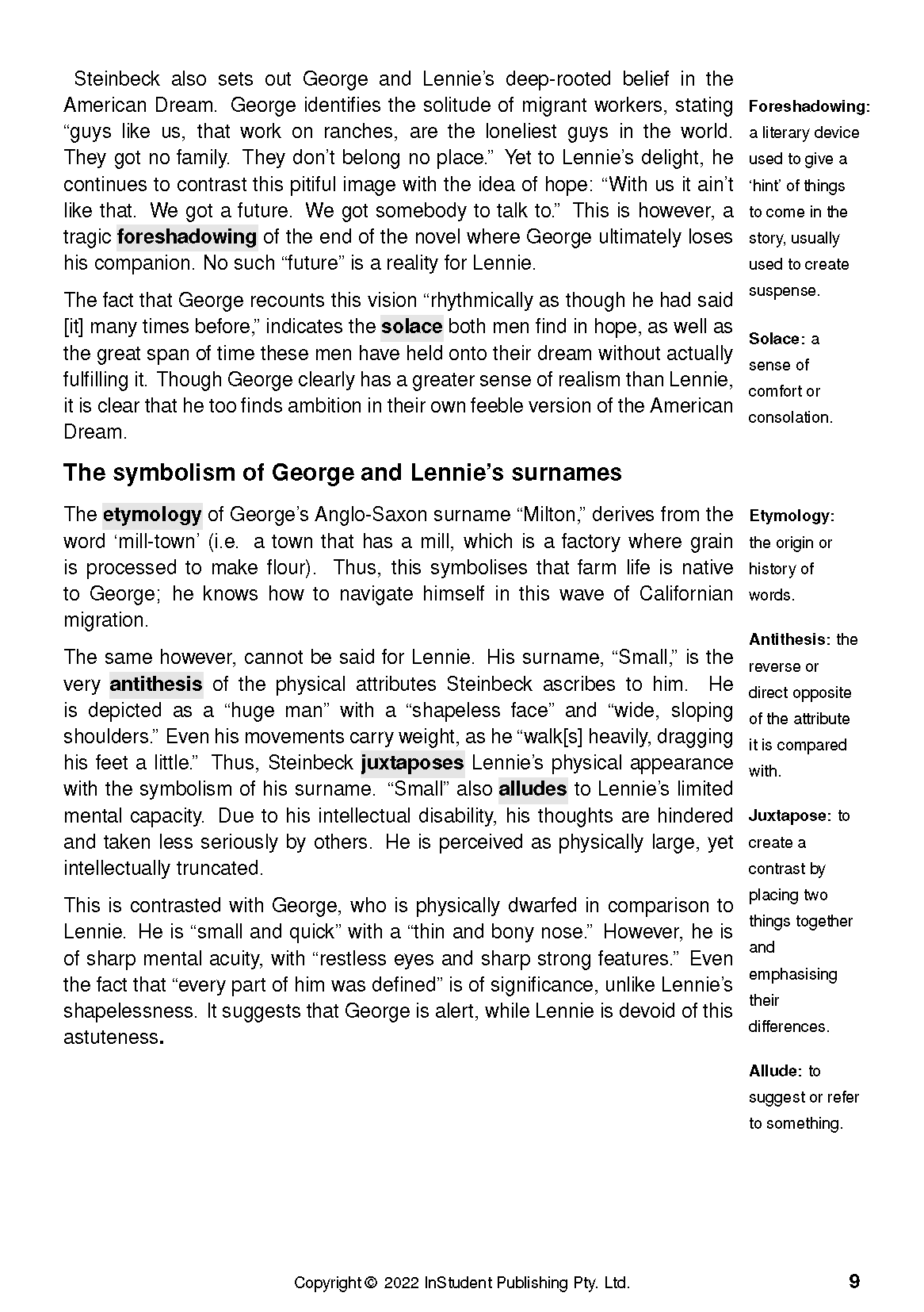 Cropped Text Guide page by InStudent Publishing Pty. Ltd. with black text on white paper defining literary terms.