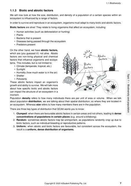 Biology Course Notes by ATAR Notes featuring text and an ecosystem illustration on Biotic and abiotic factors.