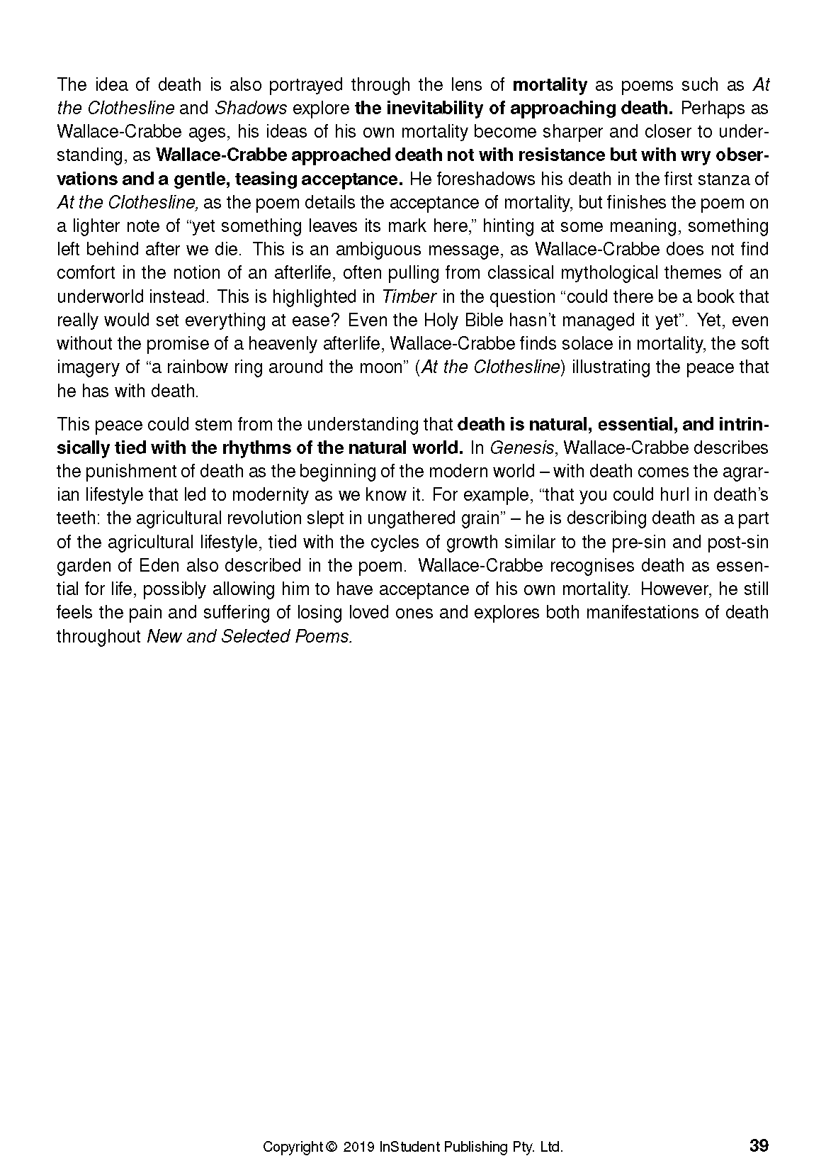 White text guide page with black text from InStudent Publishing Pty. Ltd. about Chris Wallace-Crabbe's poems and page 39.