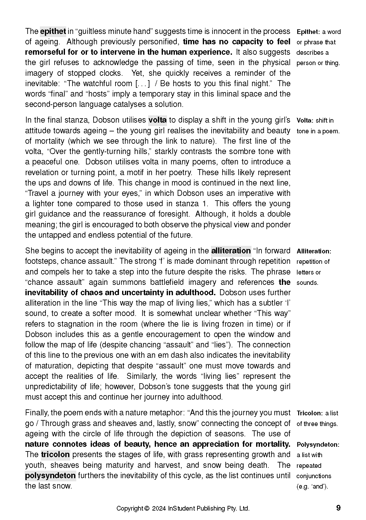 Text guide with white paper and black text, including bolded terms and literary explanations on page 9.