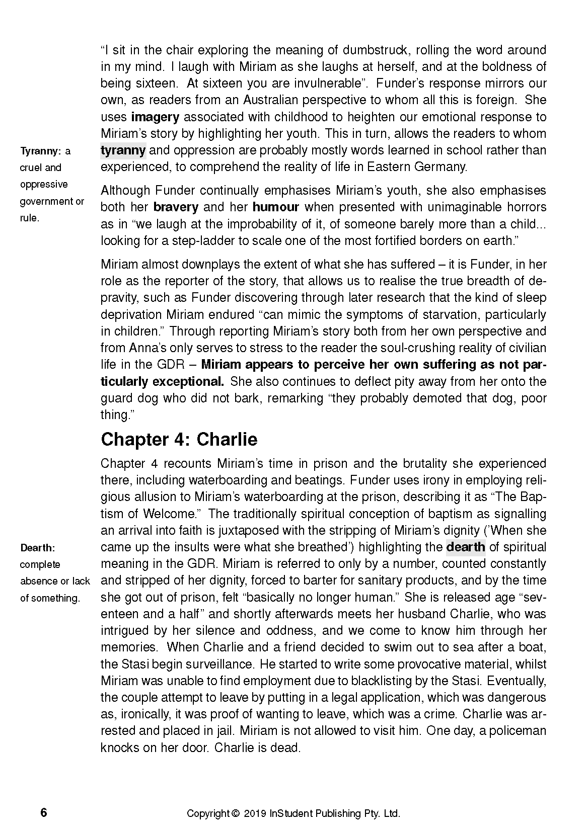 White text guide from InStudent Publishing Pty. Ltd. with black text, featuring analysis of Stasiland by Anna Funder, character notes, and definitions, page 6.