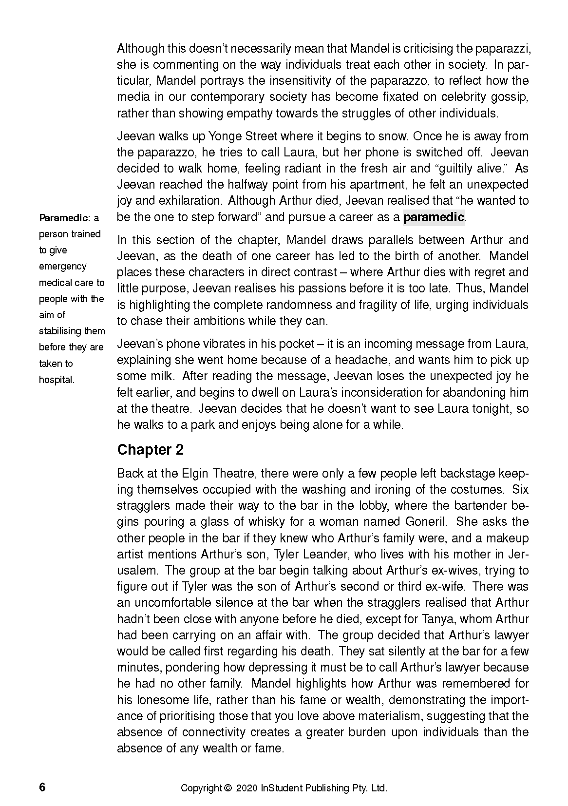 Open text guide for Station Eleven by Emily St. John Mandel from InStudent Publishing Pty. Ltd., displaying literary analysis of Chapter 2 on a white page.