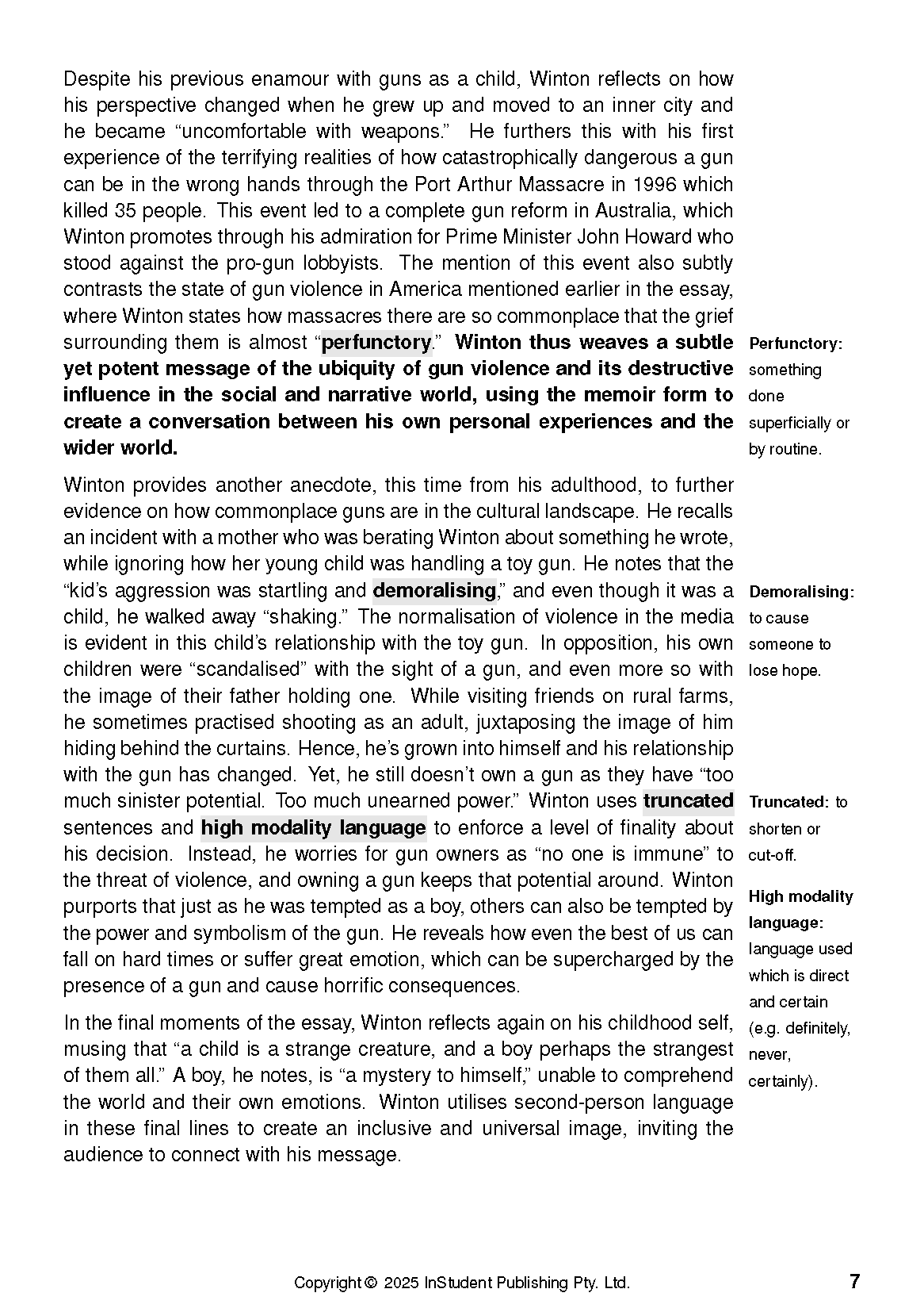Text Guide to The Boy Behind the Curtain by Tim Winton, showing a page with definitions and analytical text.