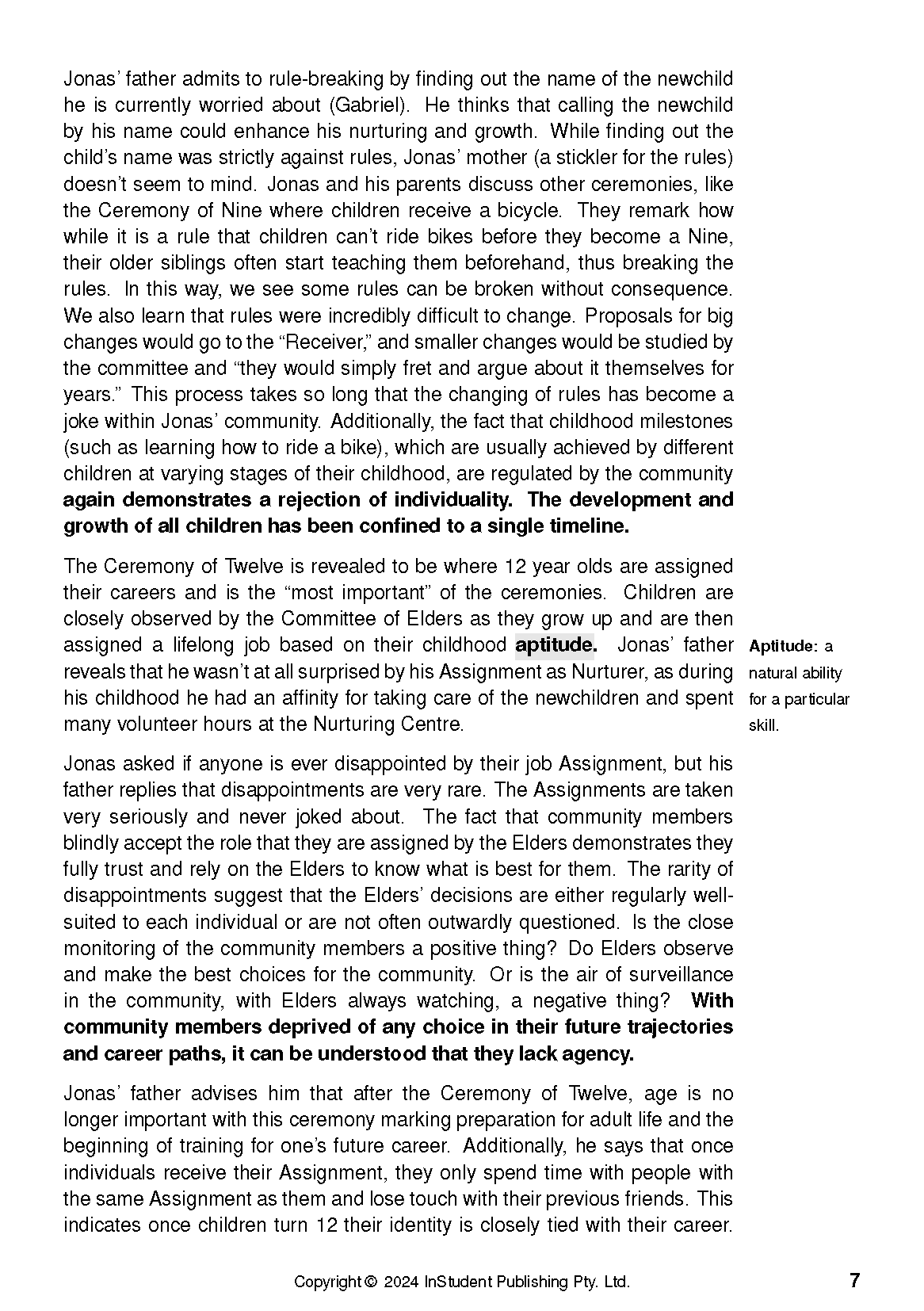 Text Guide page by InStudent Publishing Pty. Ltd. with black text on a white background, featuring a definition of 'Aptitude'.