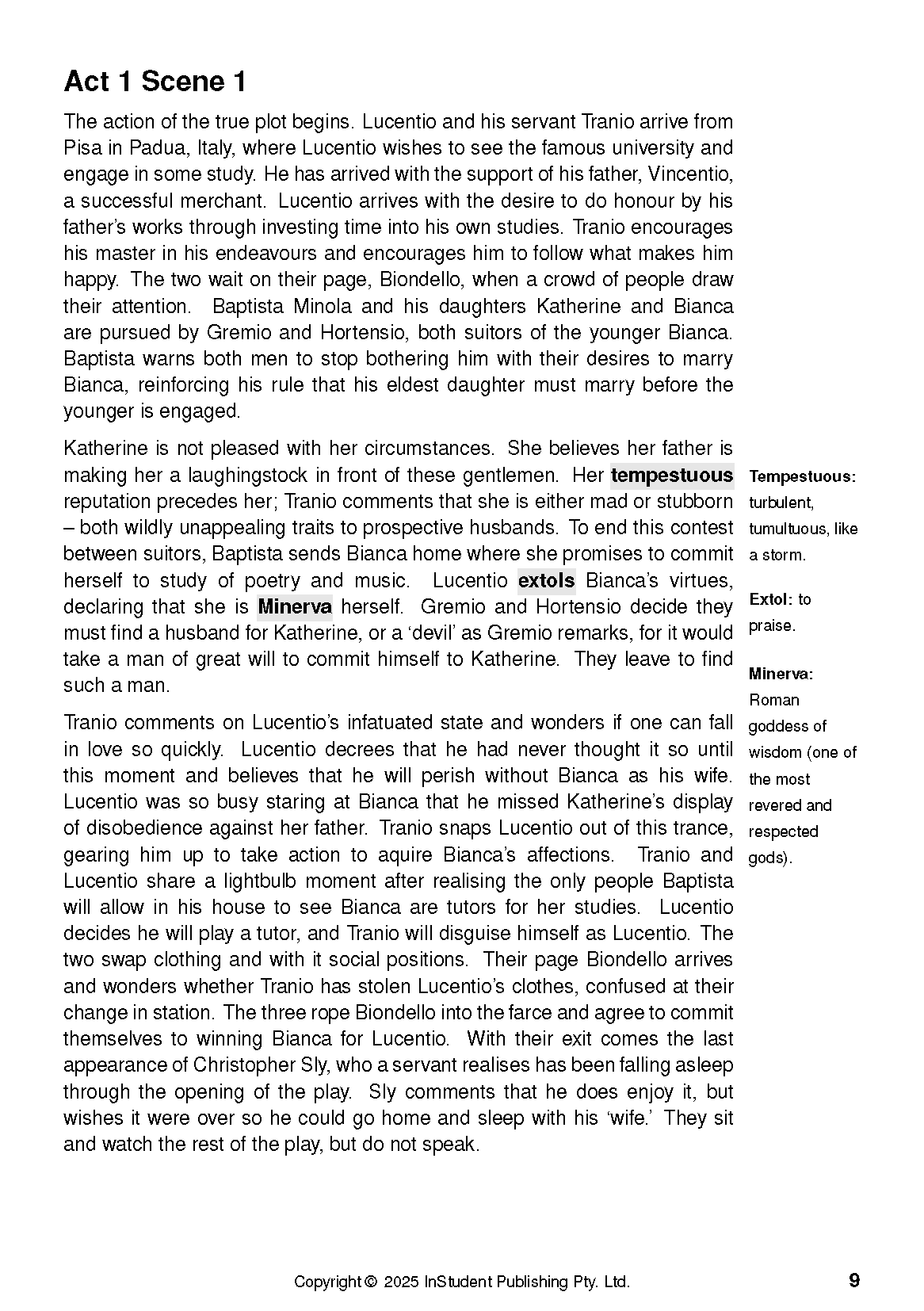 Text guide page for The Taming of the Shrew, featuring Act 1 Scene 1 text, sidebar definitions, and page 9.