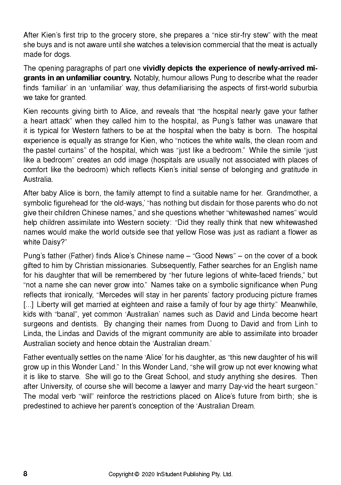 Text guide for Unpolished Gem by Alice Pung from InStudent Publishing Pty. Ltd., displaying a white page with black text and page number 8.