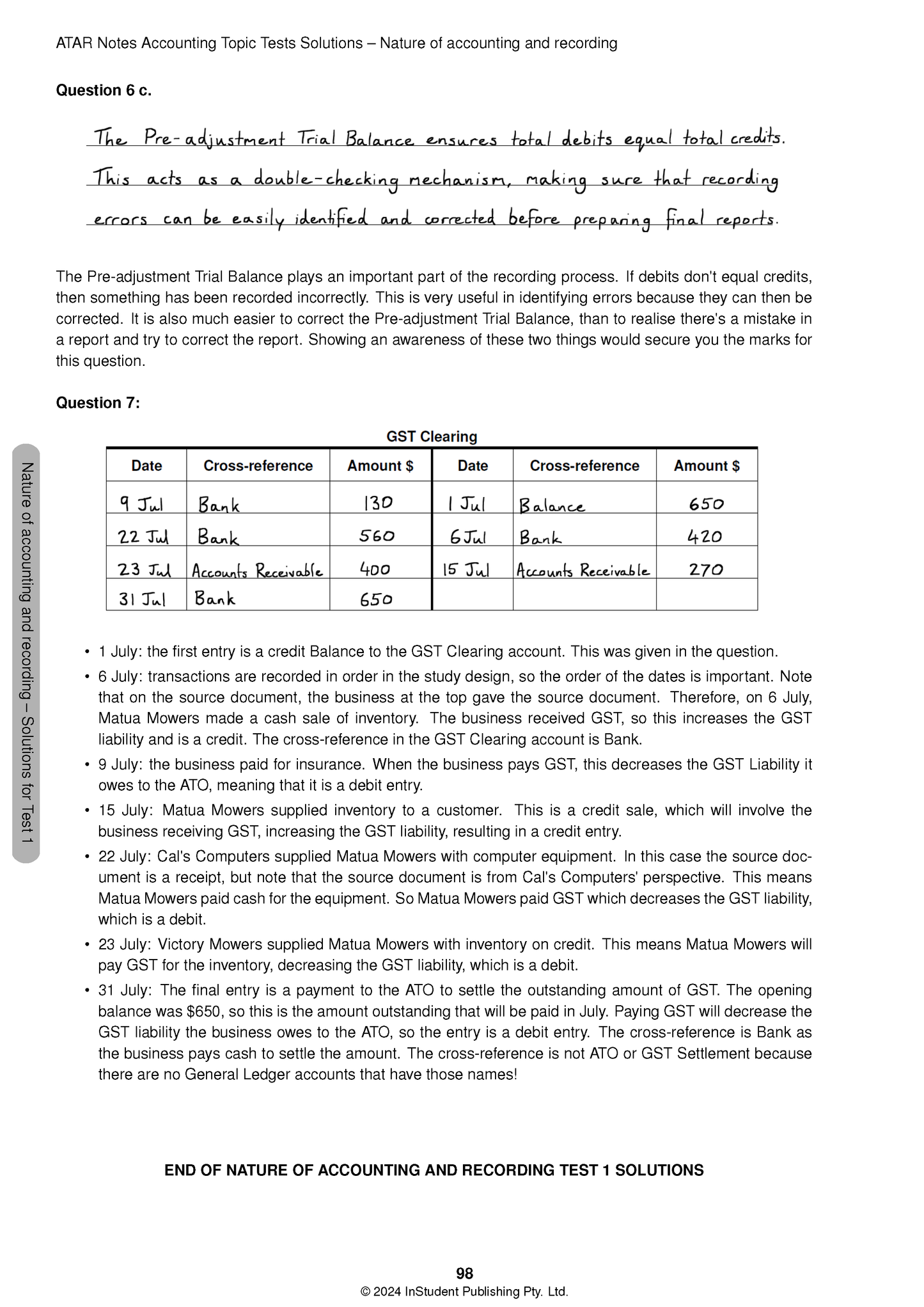 VCE Accounting 3&4 Topic Tests (2025-2027) by ATAR Notes, showing solutions with handwritten text and a GST Clearing ledger table.