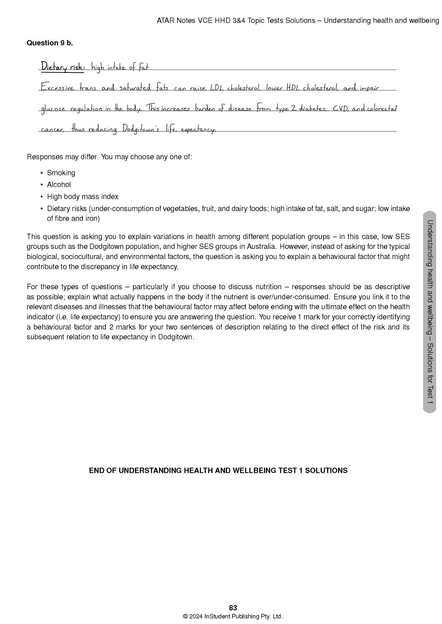 VCE HHD Topic Tests by ATAR Notes, showing a solutions page with handwritten answer on dietary risks and printed explanatory text.