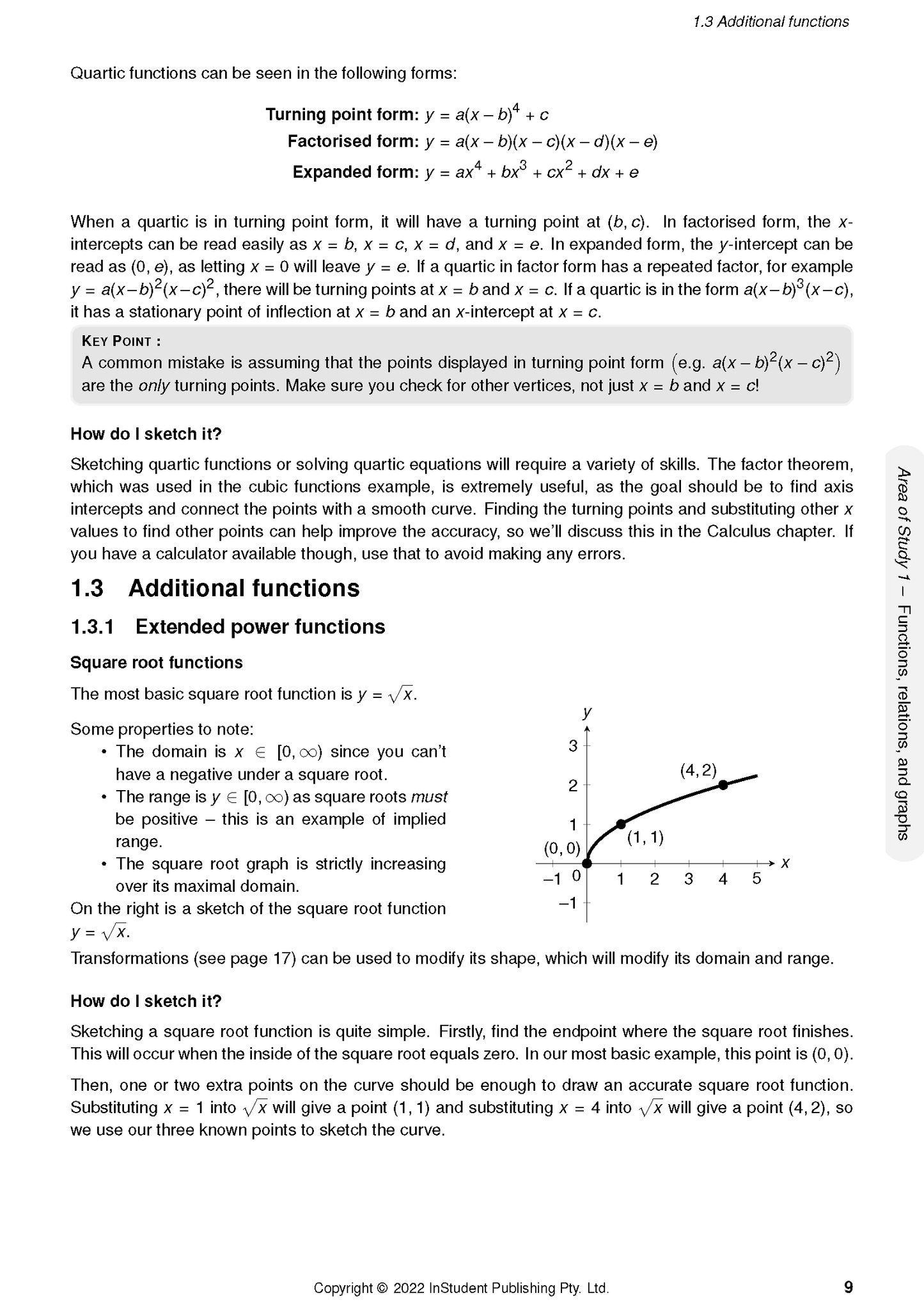 Course notes by ATAR Notes, displaying mathematical formulas, properties of square root functions, and a graph of y=√x.