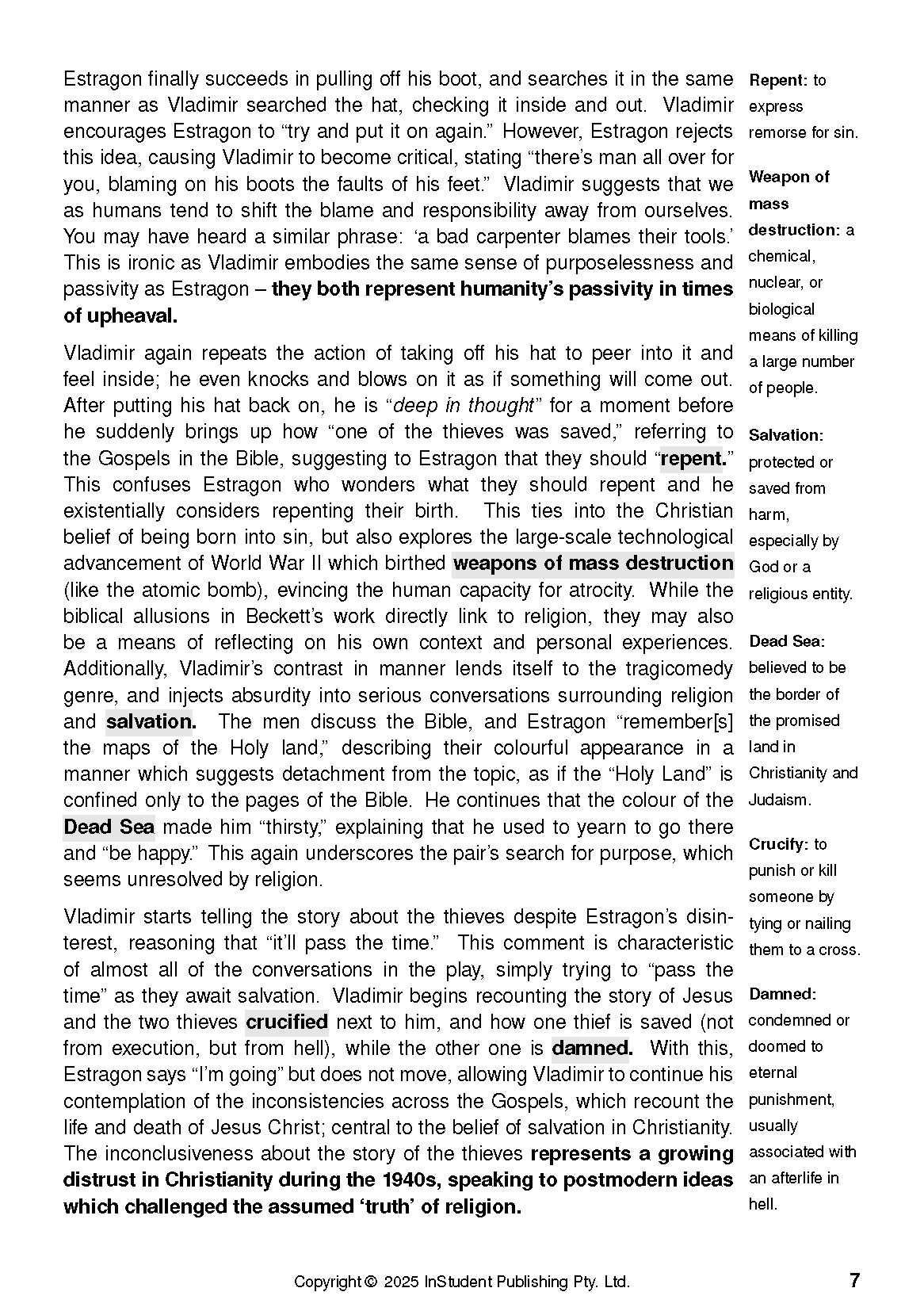 Text Guide page with black text on white background discussing Waiting for Godot and marginal definitions.