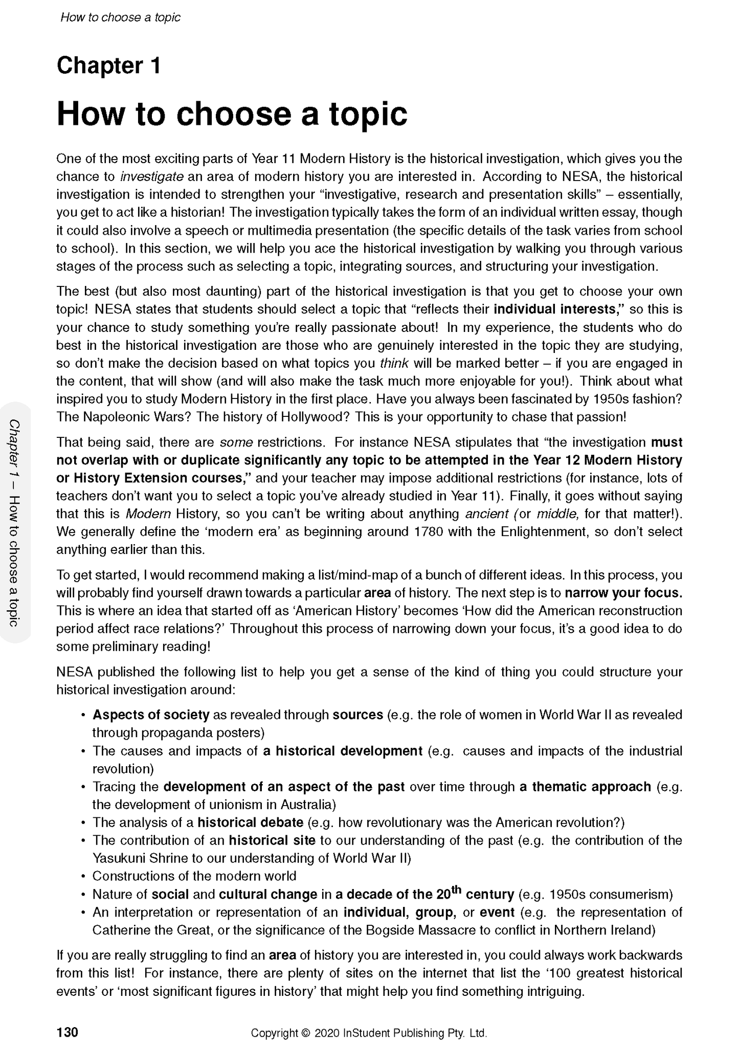 HSC Year 11 Modern History Complete Course Notes by ATAR Notes, displaying a page titled 'How to choose a topic' with text and bullet points.