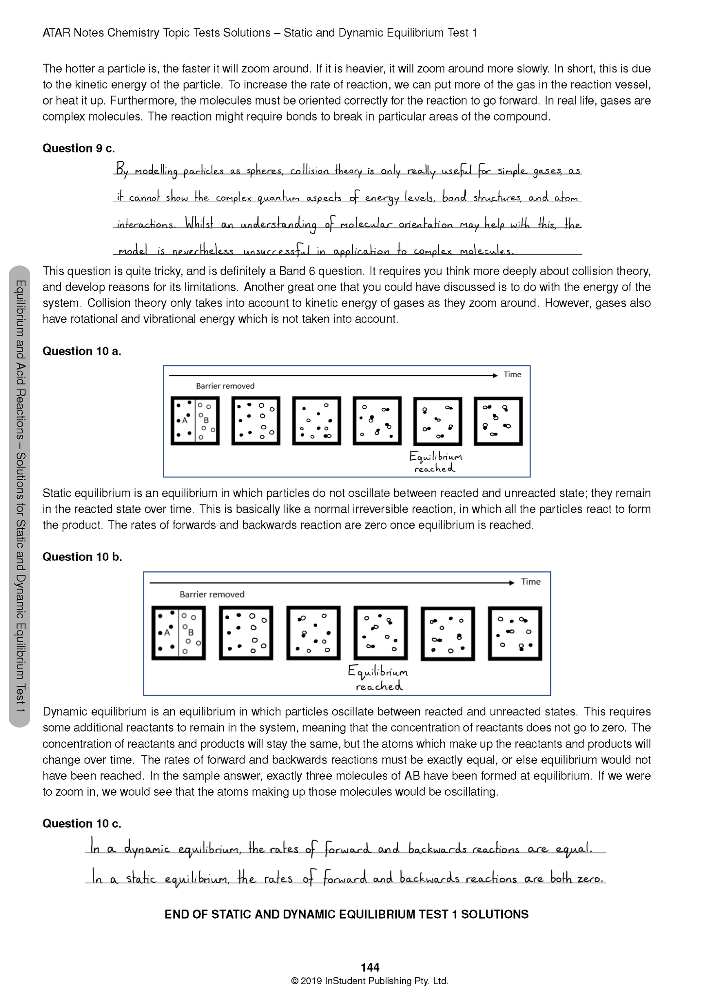 Chemistry Topic Tests solutions page by ATAR Notes, showing typed and handwritten answers with equilibrium diagrams.