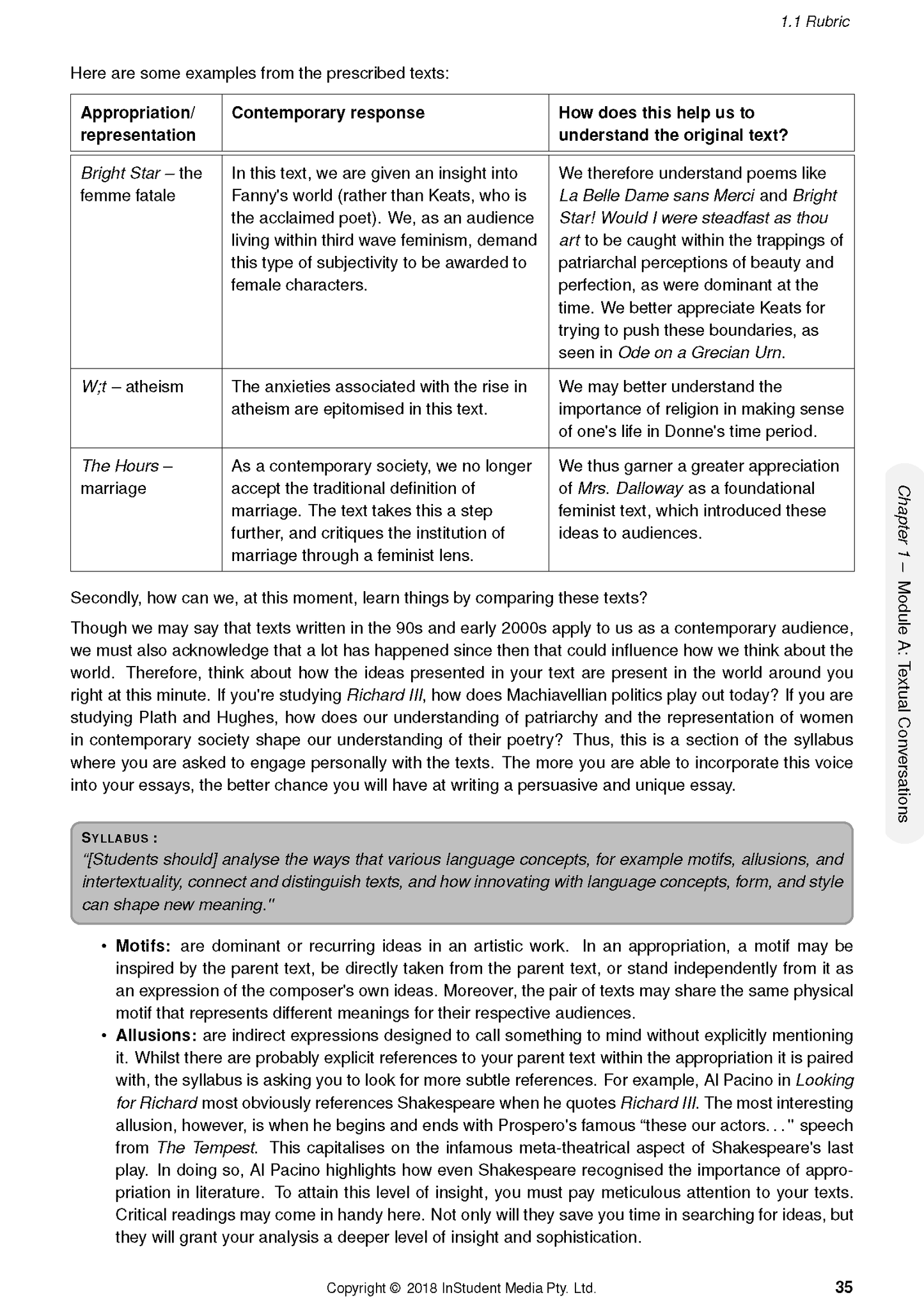English Advanced Course Notes by ATAR Notes with tables detailing literary analysis and definitions of motifs and allusions.