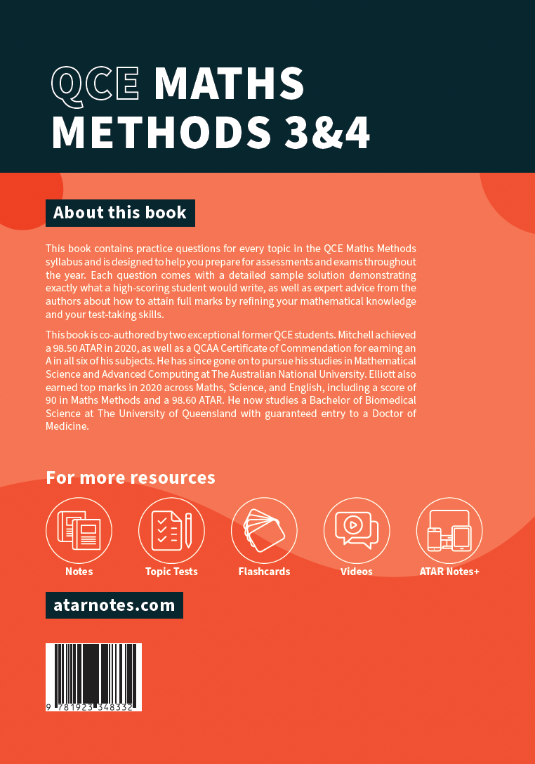 QCE Maths Methods 3&4 Topic Tests book by ATAR Notes, with a dark teal and orange cover showing title, description, resource icons, website, and barcode.