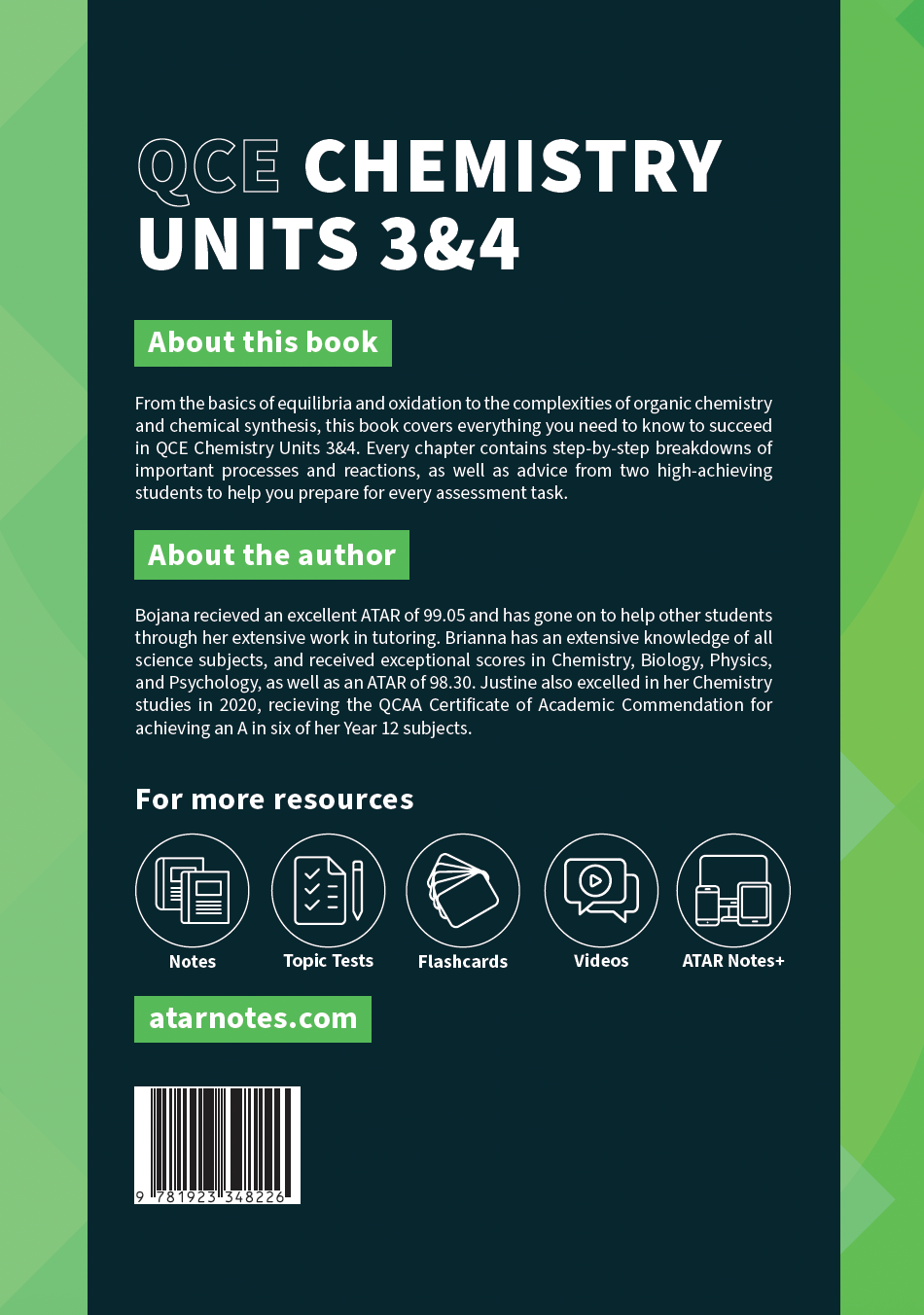 Chemistry Course Notes by ATAR Notes, featuring a dark teal and light green cover with 'QCE Chemistry Units 3&4' title and resource icons.