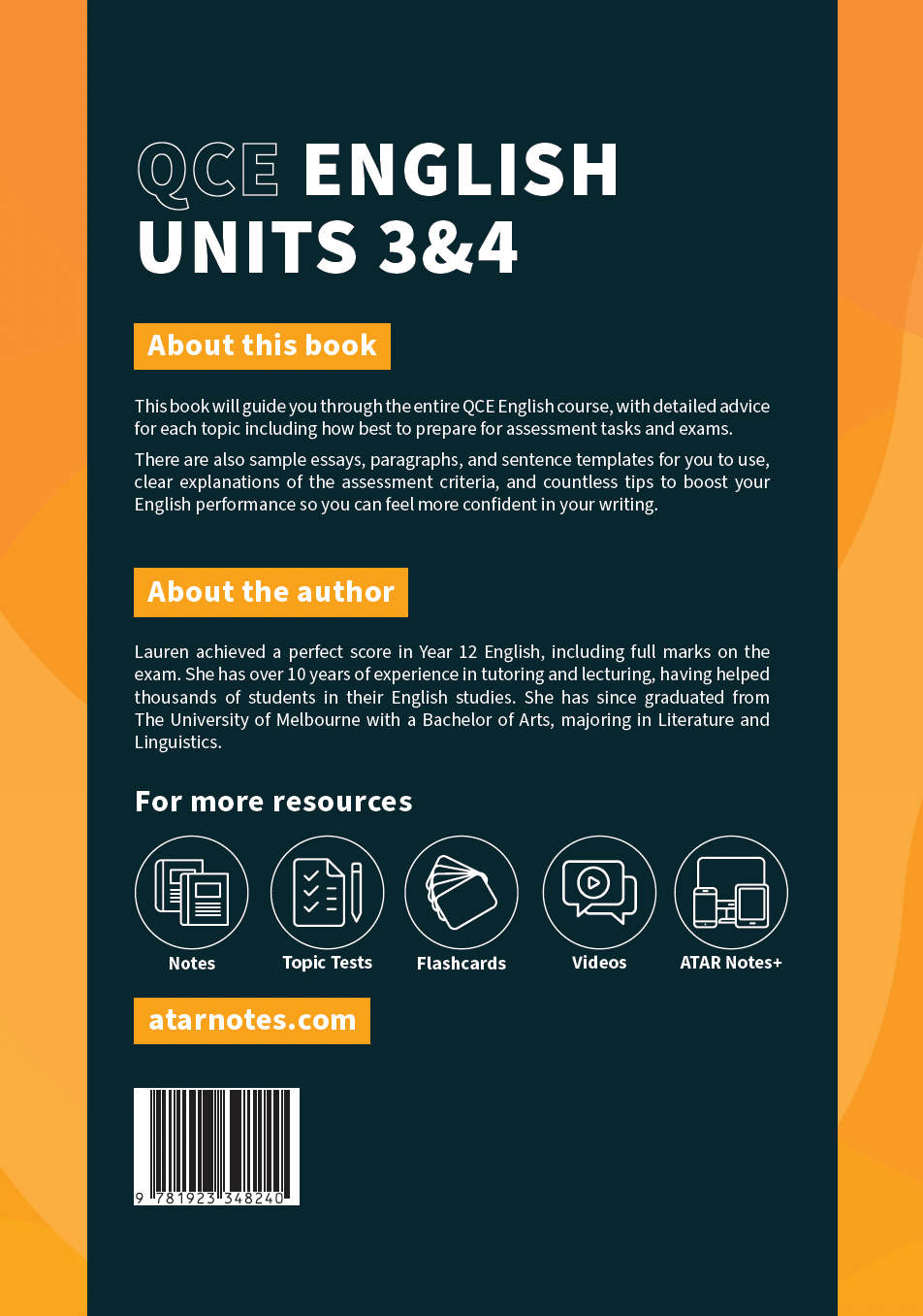 Course Notes by ATAR Notes with a dark teal and orange cover, titled "QCE English Units 3&4" and showing resource sections.