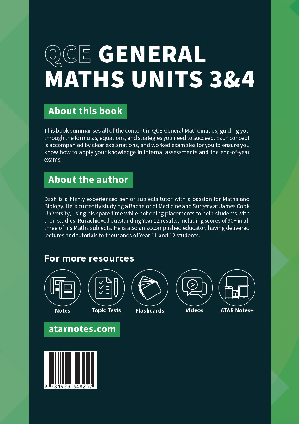 QCE General Maths Units 3&4 Course Notes by ATAR Notes, dark teal cover with white title text and resource icons.