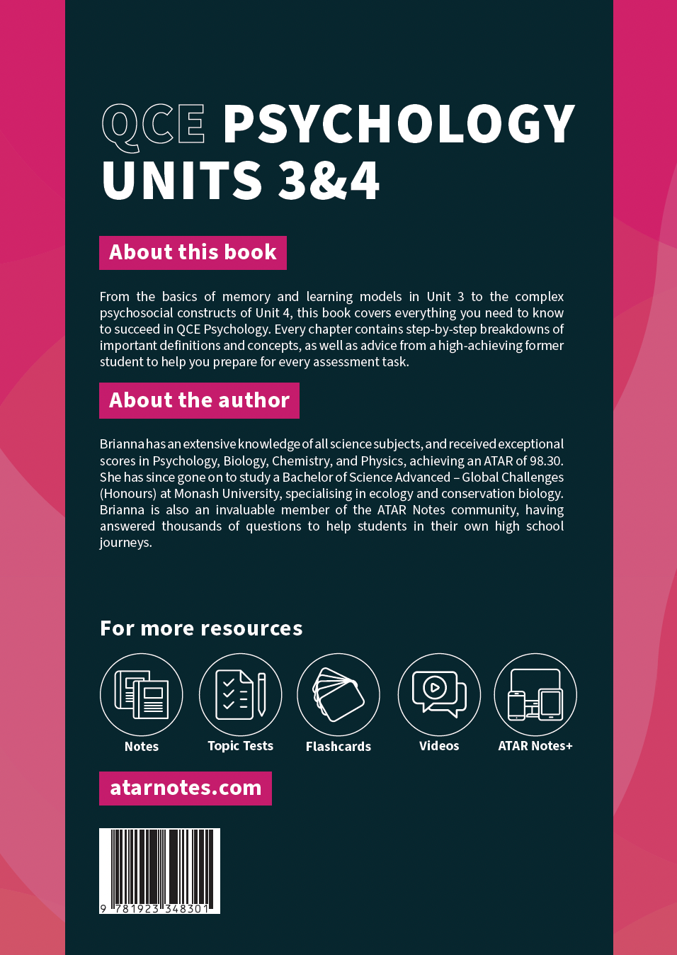 QCE Psychology 3&4 Course Notes book by ATAR Notes, featuring a dark teal and pink cover with title, resource icons, and barcode.