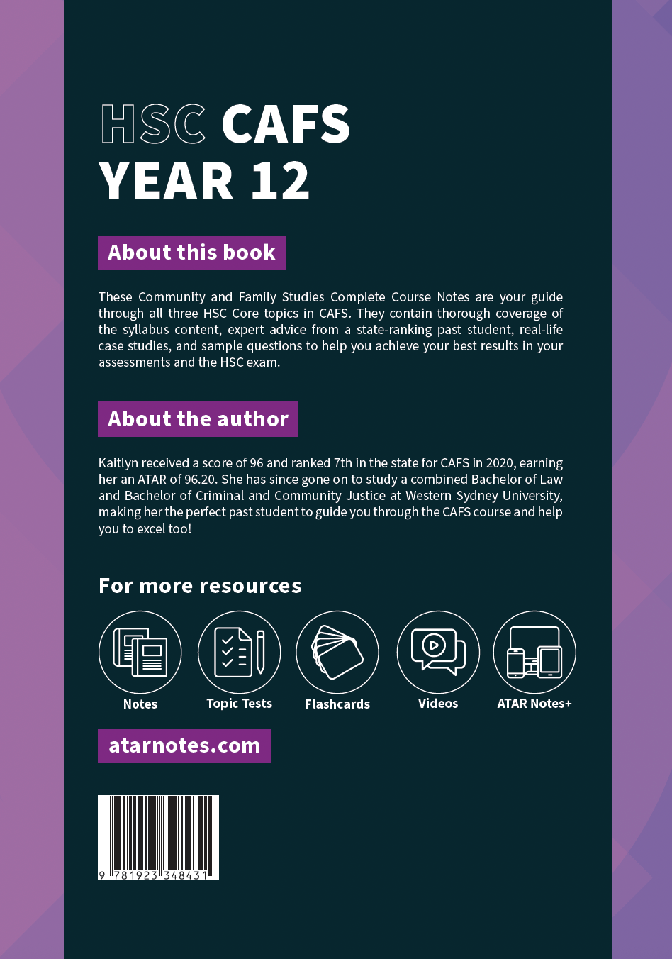 HSC Year 12 Community and Family Studies Course Notes by ATAR Notes, front cover in dark teal and purple with white title text and content sections.
