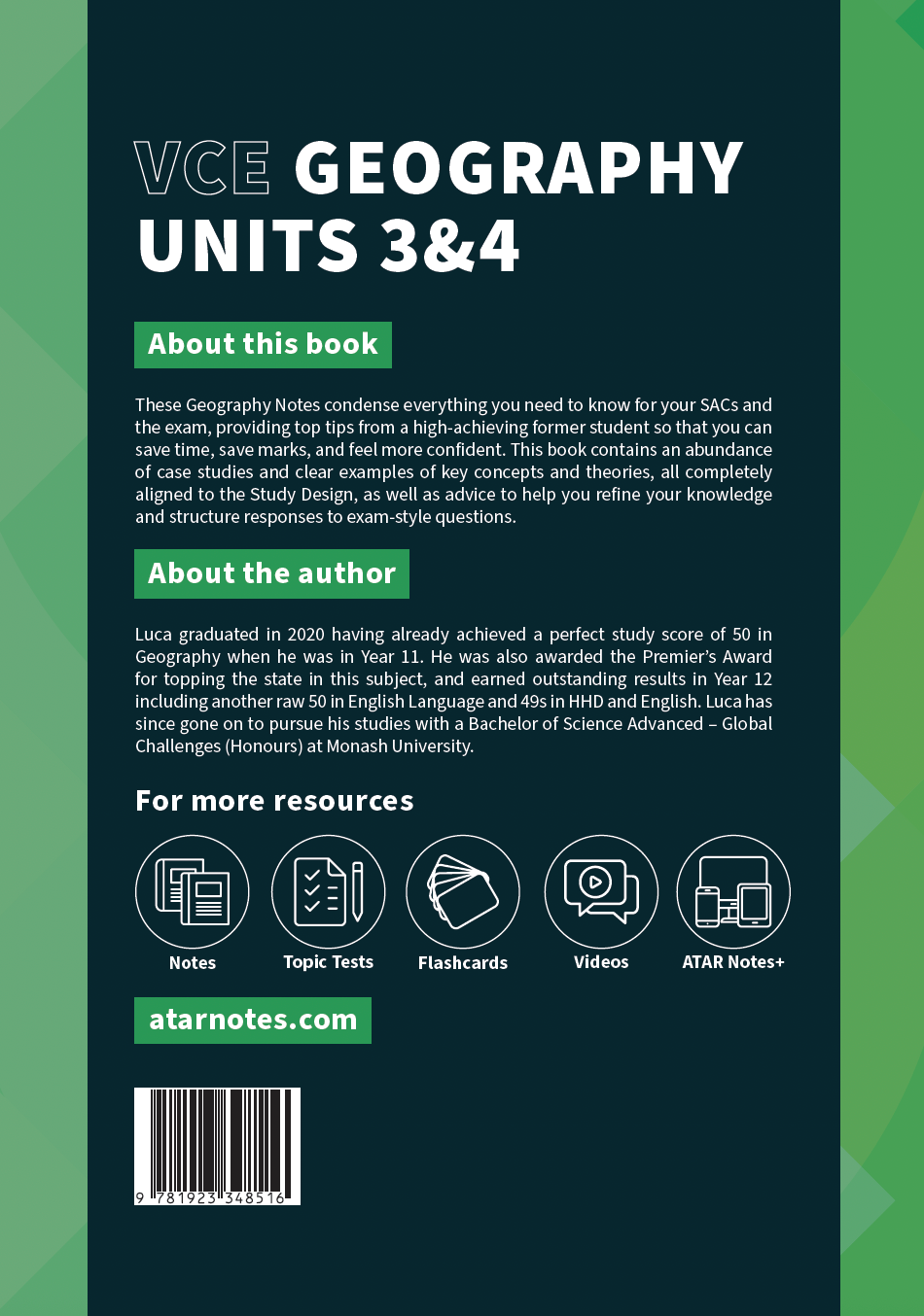 VCE Geography Units 3&4 Complete Course Notes book by ATAR Notes, with a dark teal cover, white text, and green highlight boxes.