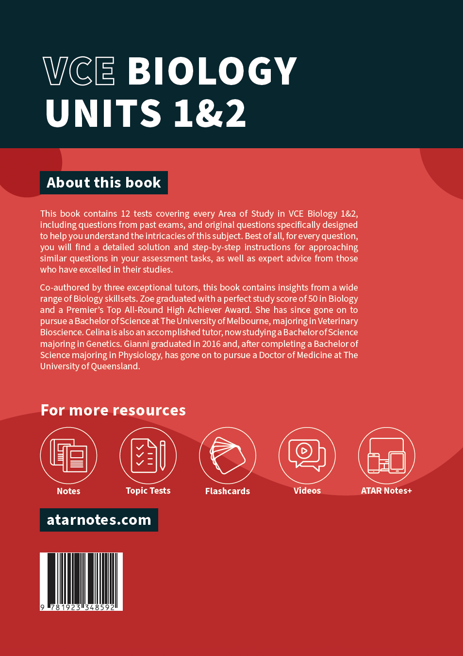 Front cover of the VCE Biology 1&2 Topic Tests book by ATAR Notes, featuring a dark teal and red design with resource icons.