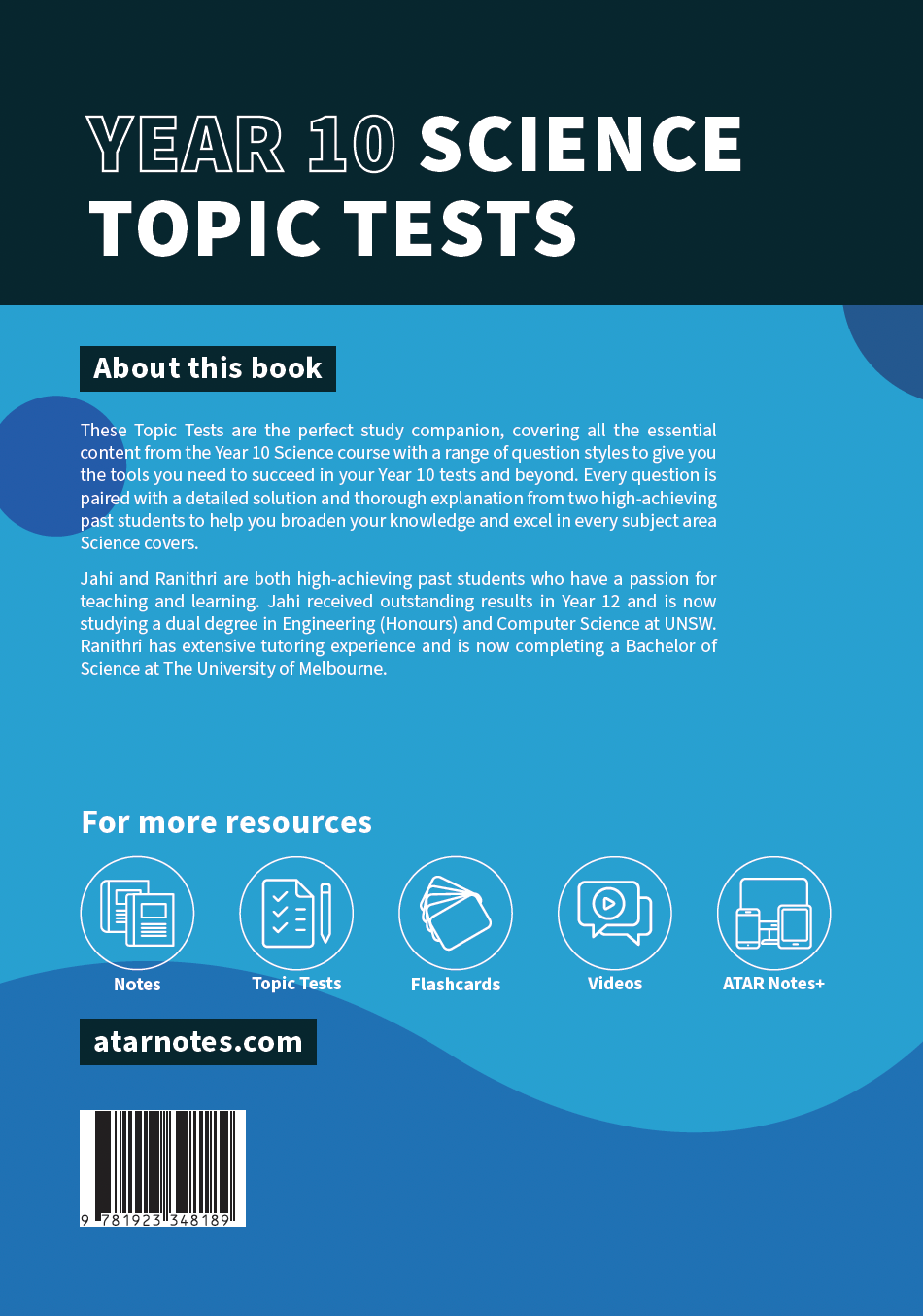 Year 10 Science Topic Tests by ATAR Notes on a blue cover featuring white title text and content descriptions.