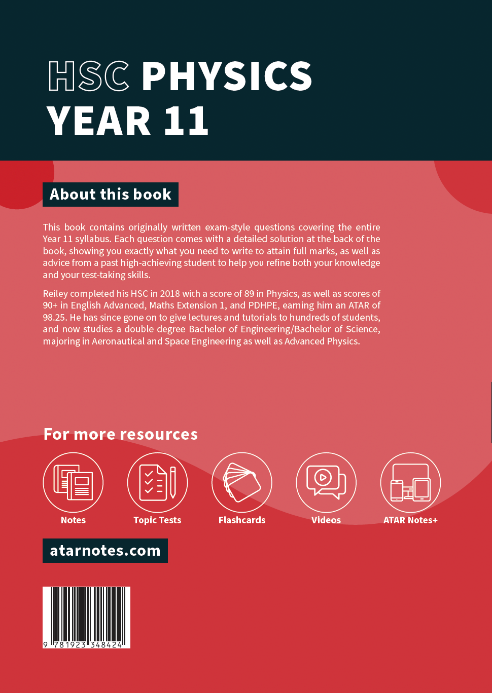 HSC Year 11 Physics Topic Tests book by ATAR Notes, front cover in dark teal and red with title and resource icons.