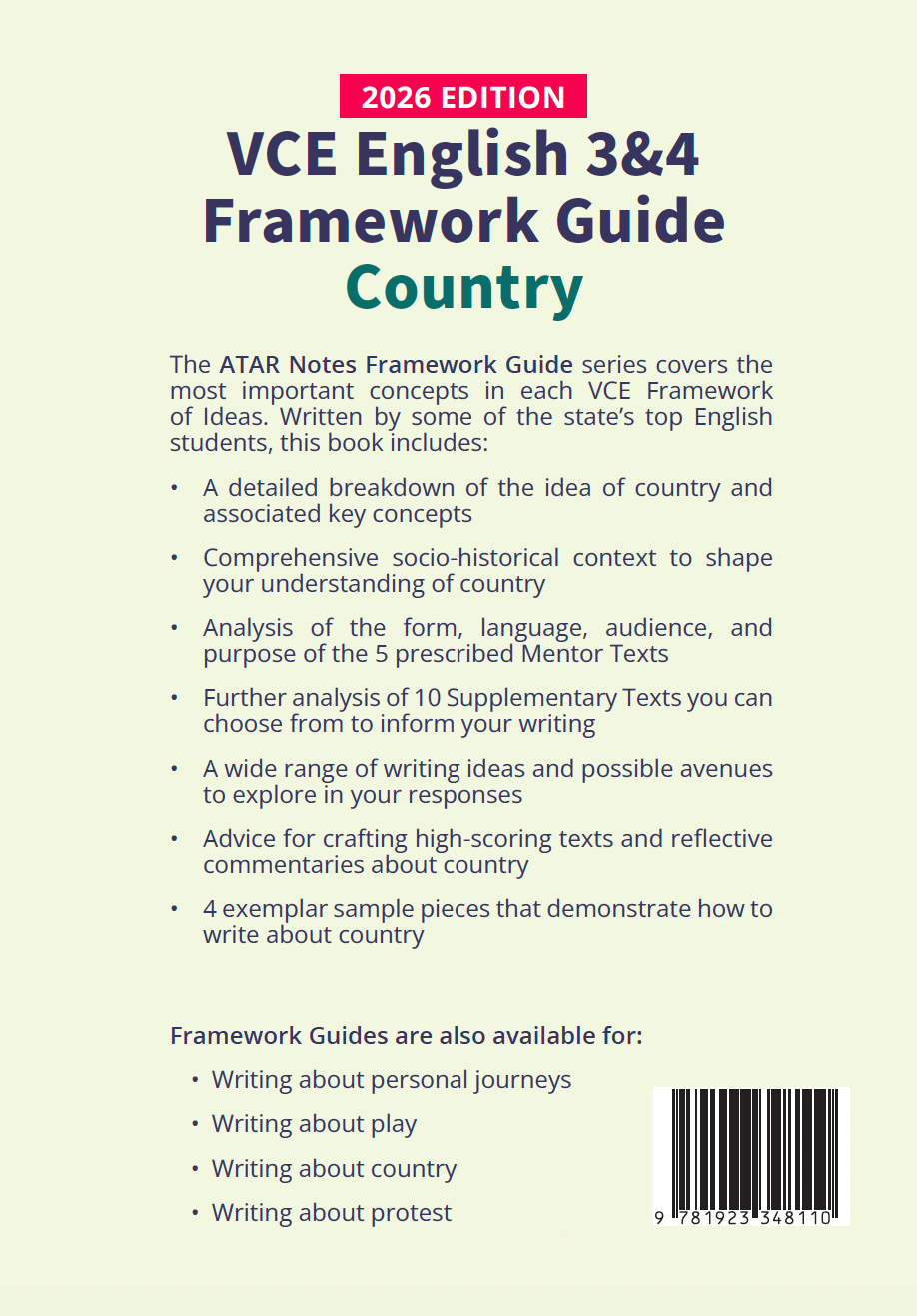 Light yellow VCE English 3&4 Framework Guide by ATAR Notes, 2026 Edition, featuring 'Country' in green text and a list of contents.