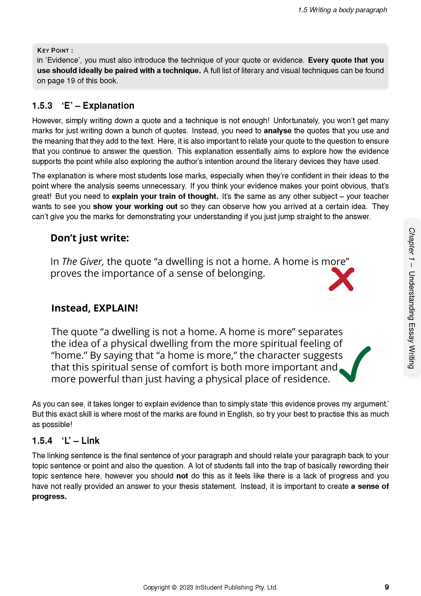 Year 9 English Course Notes by ATAR Notes, showing a page with writing technique examples, red X, and green checkmark.