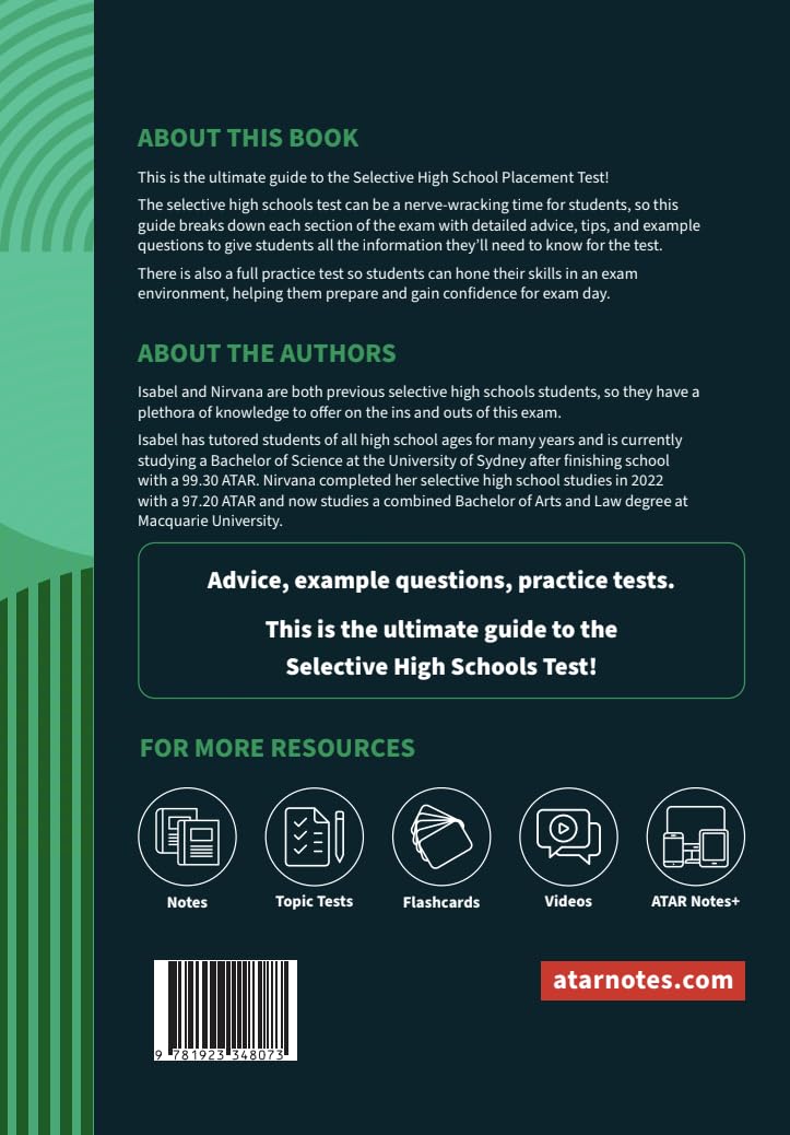 Dark teal Selective Schools Test guide book by ATAR Notes, back cover displaying description, resource icons, barcode, and website.