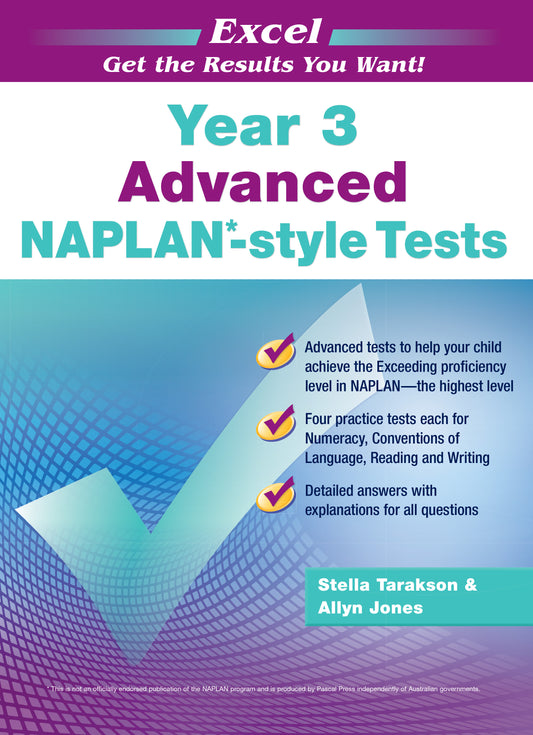 Year 3 Advanced NAPLAN*-style Test Book by Excel, with a purple, teal, and blue cover and a large checkmark graphic.